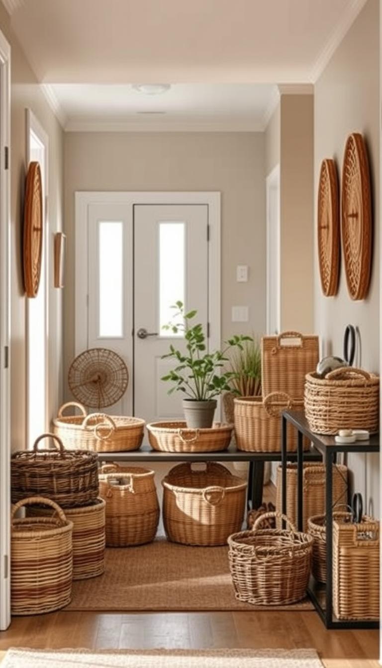 A cozy foyer filled with a stylish collection of woven baskets and natural décor. In the foreground, a low console table displays an assortment of neatly arranged wicker baskets in varying sizes and textures, complemented by a potted plant and a few decorative accents. The middle ground features a well-lit entryway with a warm, inviting ambiance, with soft shadows and subtle highlights accentuating the natural tones and patterns of the baskets. In the background, a neutral-toned wall provides a clean, minimalist backdrop, allowing the textural elements to take center stage. The overall scene emanates a sense of organized elegance and functional style, perfect for showcasing chic entryway organization.