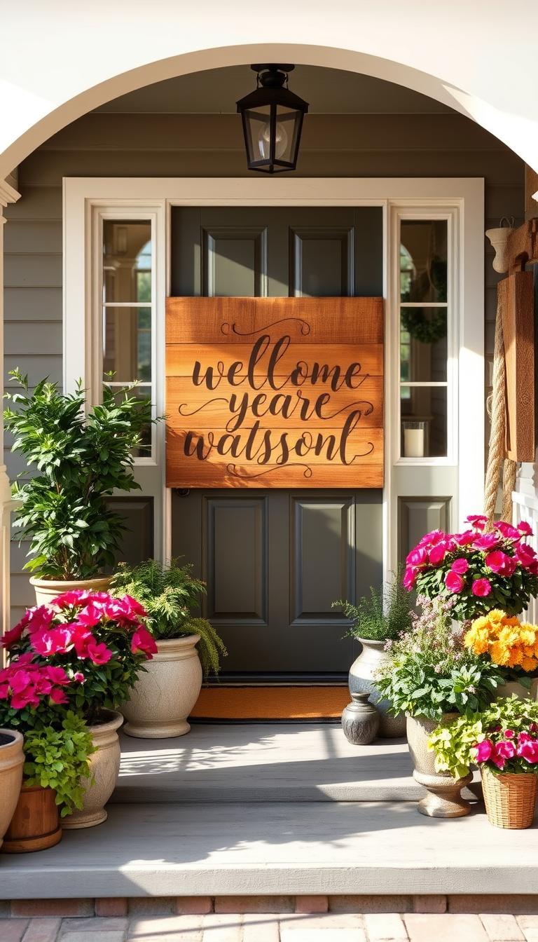 A cozy front porch showcases a handcrafted wooden sign, its surface distressed and aged to perfection. The sign features elegant calligraphy in a warm, earthy palette, highlighting the seasonal message. Potted plants, vibrant flowers, and rustic decor elements frame the sign, creating a charming, inviting display. Soft, natural lighting filters through the porch, casting a gentle glow and casting shadows that add depth and dimension. The overall scene evokes a sense of homespun, seasonal delight, perfect for welcoming guests and celebrating the changing of the seasons.