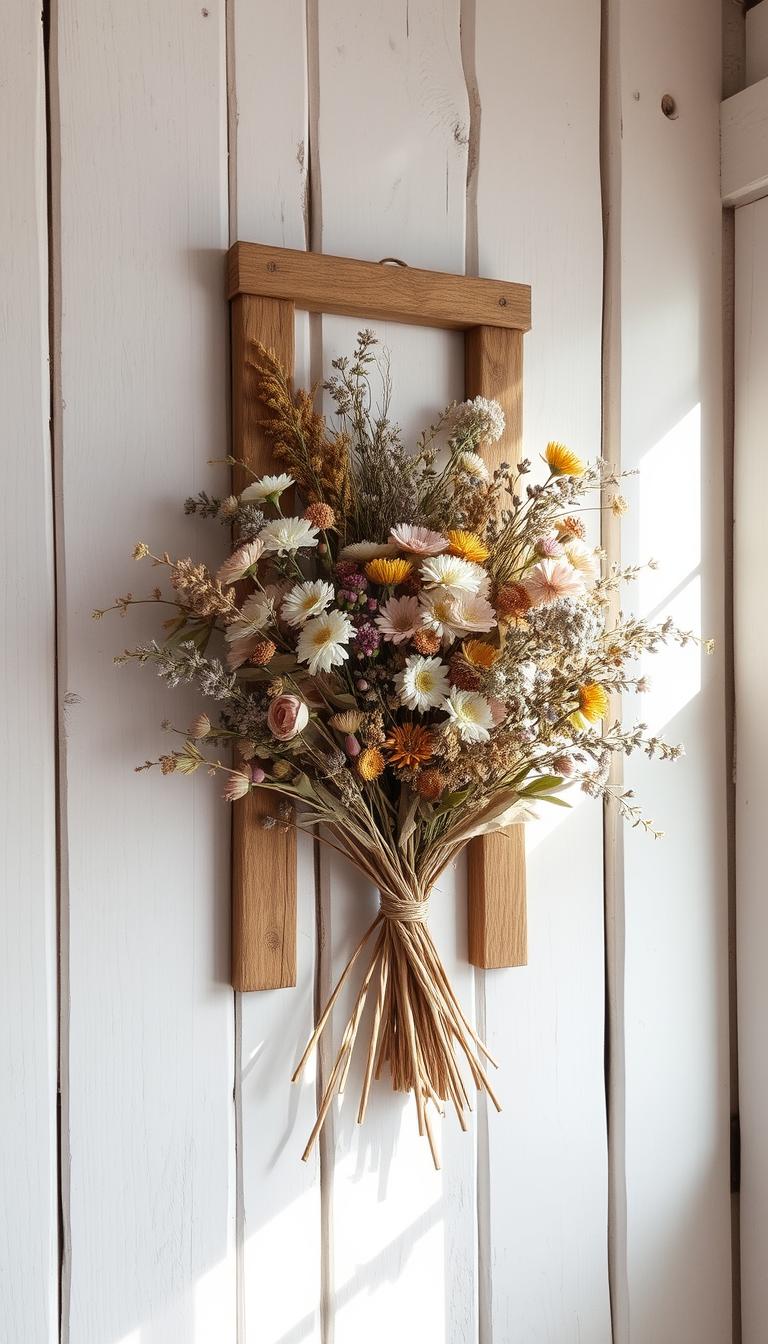A cozy, handcrafted dried flowers wall hanging adorns the rustic, whitewashed wooden planks of a charming cottage interior. The arrangement features a lush bouquet of delicate, earthy-toned blooms - pale lavender, soft pink, and warm ochre - carefully curated and artfully displayed in a wooden frame. Dappled natural light filters through the window, casting a gentle glow over the intricate, organic textures. The overall scene evokes a soothing, homespun ambiance, perfect for adding a touch of Cottagecore style to any season.