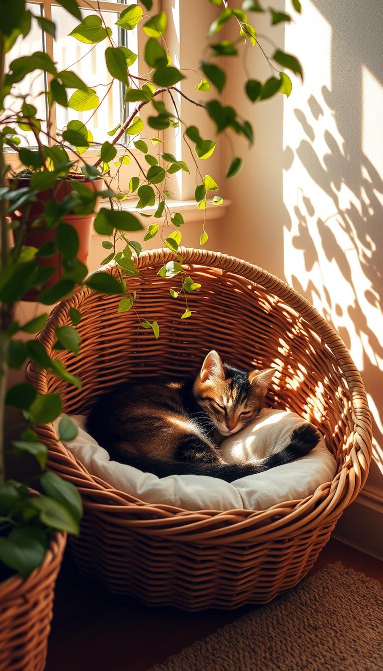 A cozy, handwoven rattan basket bed nestled in a sun-dappled corner, its soft, plush cushion inviting a feline companion to curl up and nap. Delicate leaves of potted plants cascade over the edge, creating a lush, botanical backdrop. Warm, golden light filters through a nearby window, casting a gentle glow and casting dynamic shadows. The scene exudes a sense of tranquility and relaxation, perfectly suited for a cat's restorative slumber in a small, intimate space.