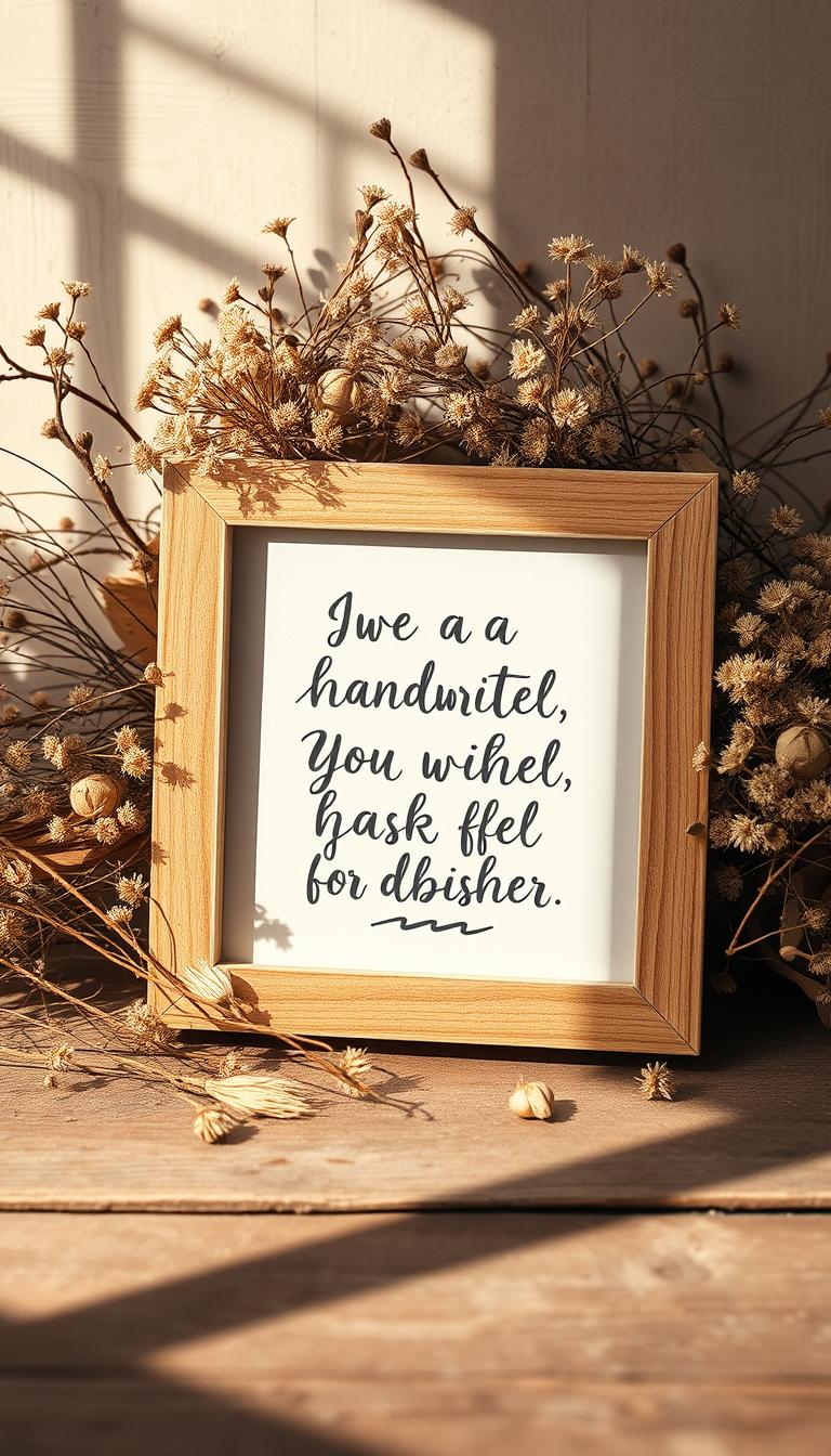 A cozy, handwritten-style inspirational quote displayed on a natural wood frame, surrounded by a lush, cottagecore-inspired floral arrangement. Soft, warm lighting illuminates the scene, casting gentle shadows and highlighting the organic textures. The frame is positioned on a rustic wooden surface, complemented by earthy tones and natural elements such as dried flowers, twigs, and leaves. The overall composition exudes a sense of tranquility, creativity, and homespun charm, perfectly capturing the essence of the "Handwritten Quote Frames" section.