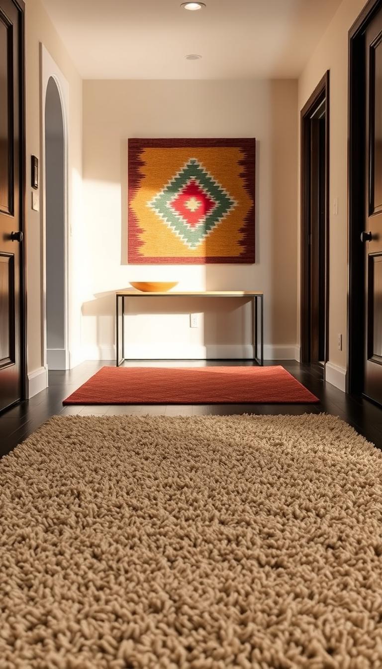 A cozy, inviting entryway with a layered rug combo. In the foreground, a plush, textured shag rug in a neutral beige hue. Atop it, a vibrant kilim rug in a geometric pattern, its colors ranging from warm ochre to deep burgundy. In the middle ground, a sleek, low-profile console table, its clean lines contrasting with the soft, organic textures of the rugs. Warm, directional lighting casts a gentle glow, accentuating the depth and richness of the layered rugs. The scene exudes a sense of sophistication and comfort, perfectly setting the stage for the entryway vignette.