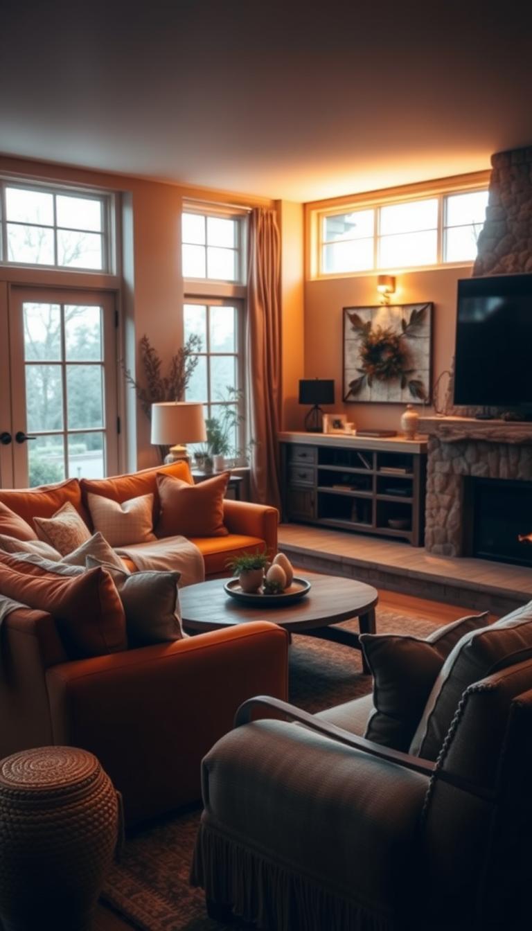 A cozy, inviting living room bathed in warm, earthy tones. Soft, textured furnishings in shades of terracotta, ochre, and sage create a serene, nature-inspired ambiance. Rustic wood accents and subtle patterns add visual interest, while indirect lighting casts a gentle, golden glow throughout the space. Large windows allow natural light to filter in, illuminating the room and highlighting the rich, organic palette. A sense of tranquility and comfort pervades the scene, as if it were a peaceful refuge from the outside world.