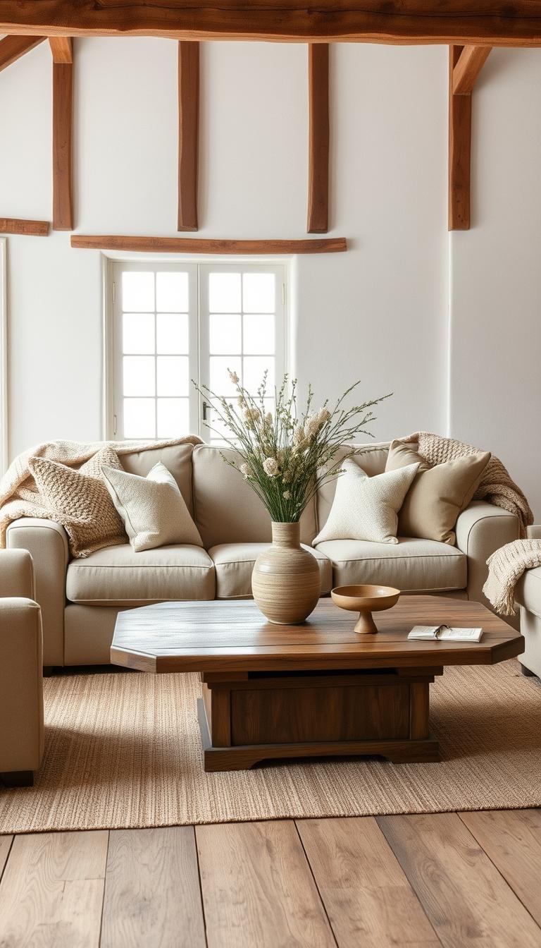 A cozy, inviting living space bathed in warm, neutral hues. A plush, oatmeal-colored sofa sits prominently in the foreground, surrounded by a pair of comfortable armchairs in soft beige. Thick, textured throw blankets and pillows in muted earth tones add to the sense of comfort. In the middle ground, a rustic wooden coffee table grounds the scene, topped with a stylish vase of neutral-toned flowers. The background features whitewashed walls and wooden beams, creating a serene, calming atmosphere. Soft, diffused lighting filters in through large windows, casting a gentle glow across the space. The overall mood is one of tranquility and relaxation, showcasing the beauty and versatility of neutral color palettes. A cozy, inviting living space bathed in warm, neutral hues. A plush, oatmeal-colored sofa sits prominently in the foreground, surrounded by a pair of comfortable armchairs in soft beige. Thick, textured throw blankets and pillows in muted earth tones add to the sense of comfort. In the middle ground, a rustic wooden coffee table grounds the scene, topped with a stylish vase of neutral-toned flowers. The background features whitewashed walls and wooden beams, creating a serene, calming atmosphere. Soft, diffused lighting filters in through large windows, casting a gentle glow across the space. The overall mood is one of tranquility and relaxation, showcasing the beauty and versatility of neutral color palettes.