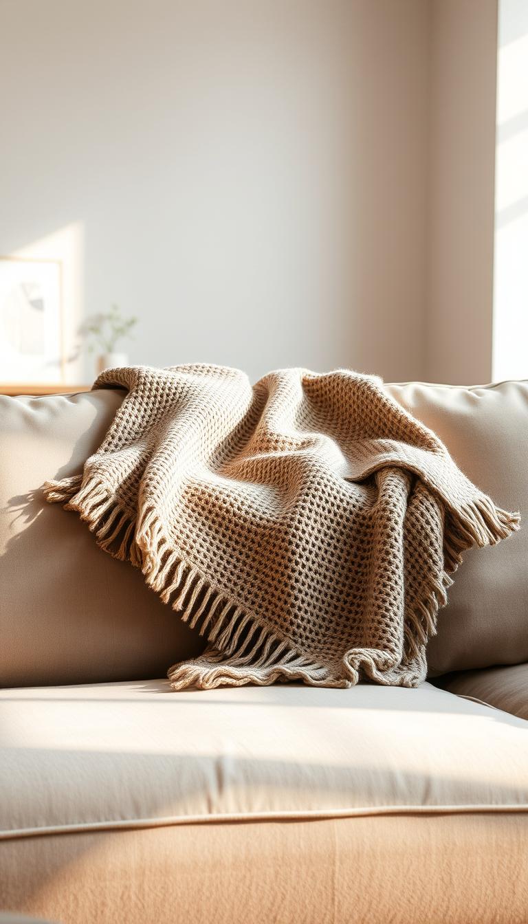 A cozy, inviting throw blanket rests on a plush, neutral-toned sofa, bathed in warm, diffused lighting. The throw features a soft, textured weave in a muted, earthy palette, exuding a sense of comfort and relaxation. The scene is framed by a minimalist, Scandinavian-inspired living room, with clean lines and natural wood accents, creating a serene, harmonious atmosphere. The overall mood is one of tranquility and ease, inviting the viewer to curl up and unwind.