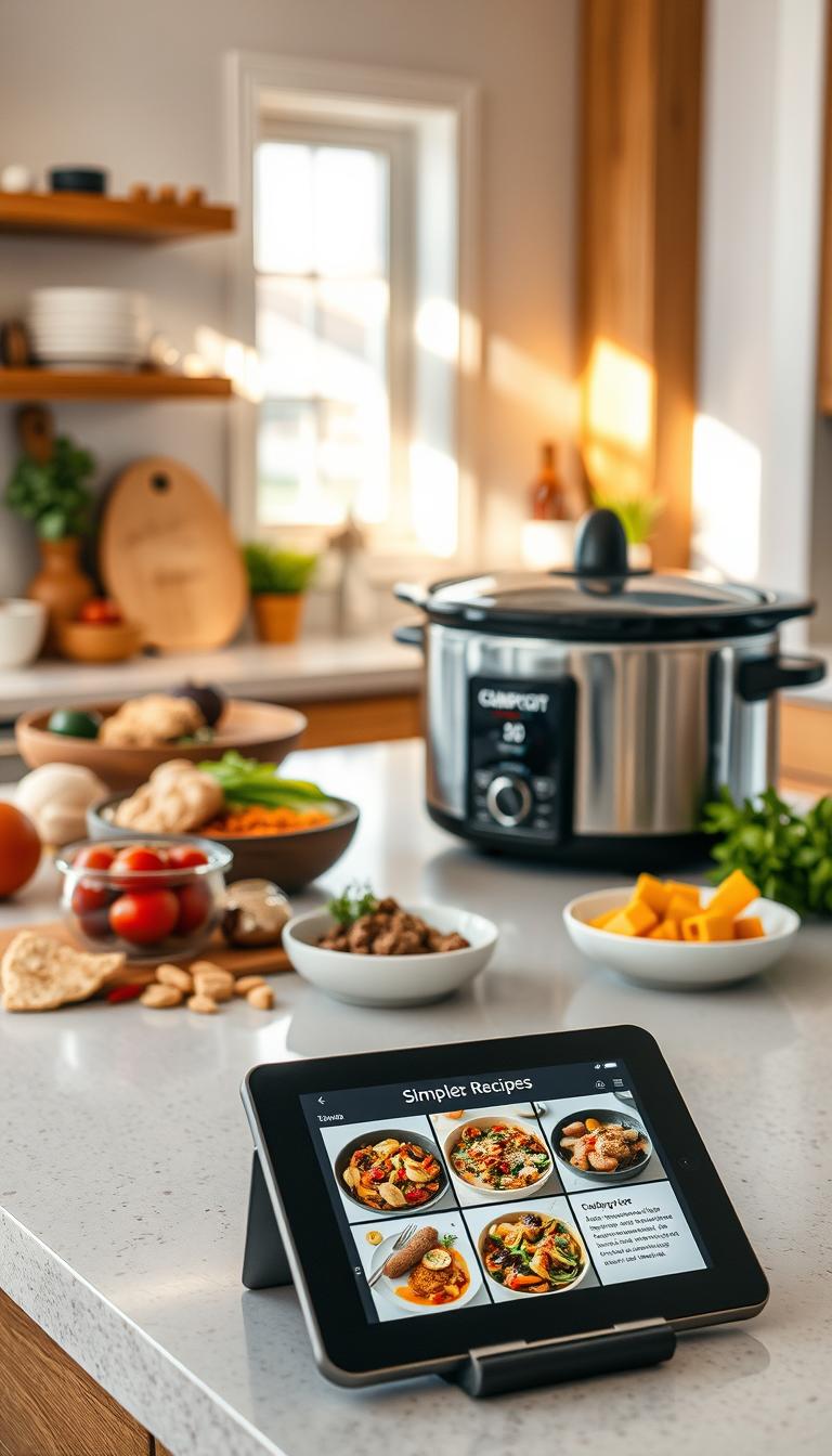 A cozy kitchen counter with a modern slow cooker in the foreground, surrounded by fresh ingredients like chicken, vegetables, and spices. Warm, natural lighting filters through the window, casting a soft glow over the scene. In the middle ground, a selection of simple, hearty crockpot recipes are displayed on a tablet or cookbook, showcasing their ease and deliciousness. The background features a clean, minimalist interior with wooden accents, hinting at the comforting, homemade nature of the dishes. The overall atmosphere is one of simplicity, convenience, and the inviting aroma of a slow-cooked meal.
