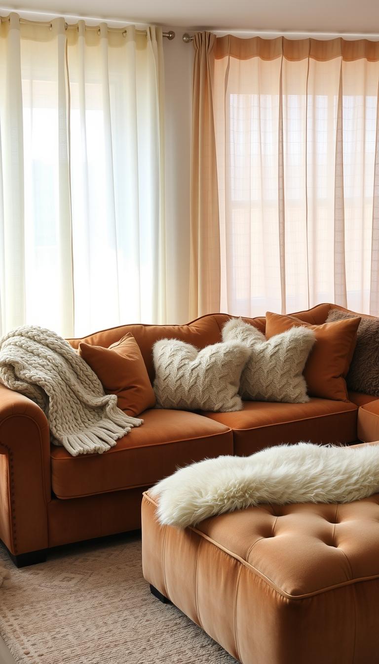 A cozy living room filled with plush, inviting textiles. In the foreground, a deep, soft velvet sofa in a warm neutral hue, accented with an array of fluffy throw pillows in complementary earth tones. A chunky knit blanket cascades over the armrest, beckoning to be snuggled under. In the middle ground, a low, tufted ottoman is topped with a sheepskin rug, its fleecy texture begging to be touched. In the background, sheer curtains in a gauzy, natural linen drift gently in the soft, diffused lighting, creating a sense of tranquility. The overall atmosphere is one of comfort and relaxation, the perfect space to sink into and enjoy the simple pleasures of a cozy afternoon. A cozy living room filled with plush, inviting textiles. In the foreground, a deep, soft velvet sofa in a warm neutral hue, accented with an array of fluffy throw pillows in complementary earth tones. A chunky knit blanket cascades over the armrest, beckoning to be snuggled under. In the middle ground, a low, tufted ottoman is topped with a sheepskin rug, its fleecy texture begging to be touched. In the background, sheer curtains in a gauzy, natural linen drift gently in the soft, diffused lighting, creating a sense of tranquility. The overall atmosphere is one of comfort and relaxation, the perfect space to sink into and enjoy the simple pleasures of a cozy afternoon.