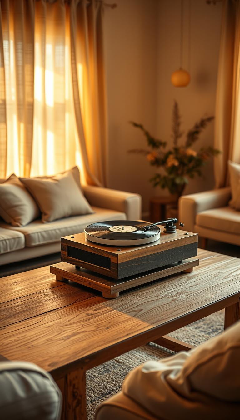 A cozy living room filled with soft, warm lighting. A wooden table stands in the center, upon which sits a vintage-style record player, its needle gently tracing the grooves of a vinyl record. The air is filled with a soothing, melodic soundscape that creates a peaceful, serene ambiance. The room is bathed in a golden, earthy glow, with hints of natural textures like linen and wood accents adding to the calming atmosphere. The overall scene evokes a sense of relaxation and comfort, perfect for a daily lifestyle routine that reduces stress and makes the home feel cozy and calm.