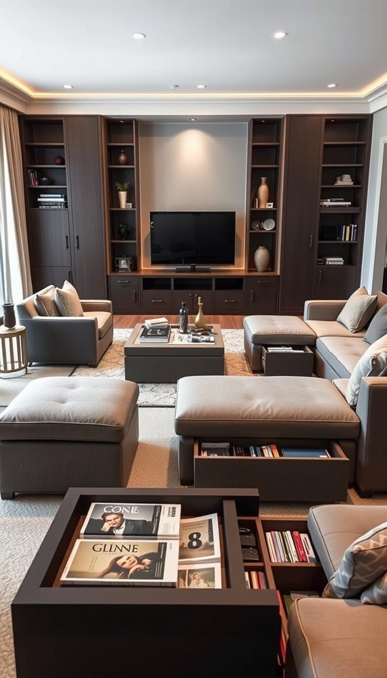 A cozy living room showcasing stylish hidden storage solutions. In the foreground, a sleek coffee table with a hidden compartment for magazines and remotes. Surrounding it, a plush sectional sofa with built-in ottomans that open to reveal extra storage space. In the middle ground, a minimalist TV stand with discrete drawers and shelves, seamlessly blending into the room's decor. The background features bespoke bookcases with concealed cabinets, allowing for a clutter-free, visually appealing display. Soft, warm lighting casts a welcoming glow, accentuating the room's clean, modern aesthetic. Neutral tones and natural materials create a serene, elevated ambiance perfect for this hidden-storage styling.