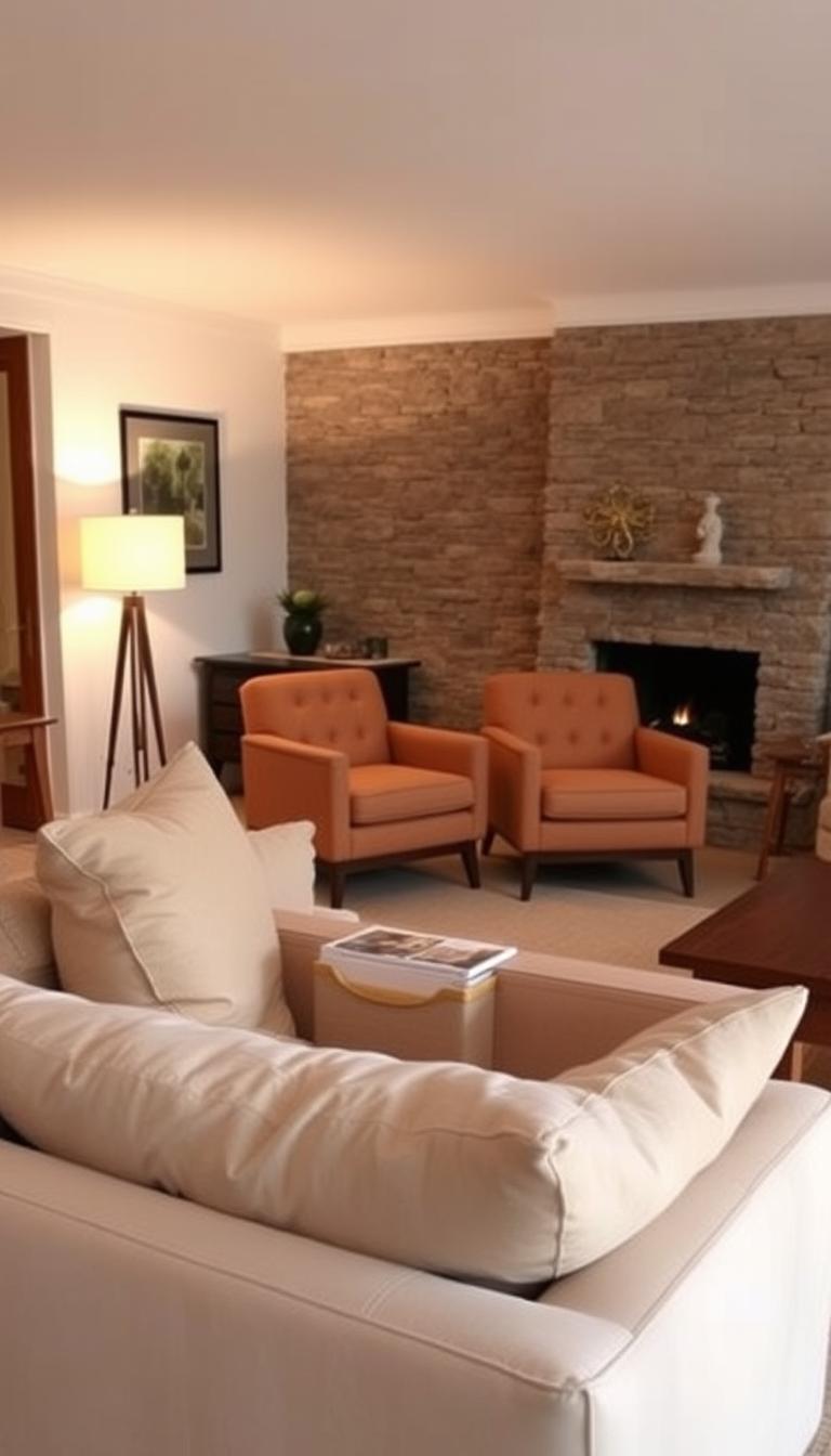A cozy living room with a carefully curated selection of neutral-toned furniture. In the foreground, a plush, oversized beige sofa with soft, inviting cushions. Alongside it, a mid-century modern wooden coffee table with a minimalist design. In the middle ground, a pair of matching armchairs in a warm, earthy tone, arranged to create an intimate conversational setting. The background features a natural stone or brick fireplace, casting a gentle glow and adding to the room's cozy ambiance. Soft, diffused lighting from a floor lamp and table lamps create a warm, welcoming atmosphere. The overall mood is one of understated elegance and comfort, perfect for a relaxing and inviting living space. A cozy living room with a carefully curated selection of neutral-toned furniture. In the foreground, a plush, oversized beige sofa with soft, inviting cushions. Alongside it, a mid-century modern wooden coffee table with a minimalist design. In the middle ground, a pair of matching armchairs in a warm, earthy tone, arranged to create an intimate conversational setting. The background features a natural stone or brick fireplace, casting a gentle glow and adding to the room's cozy ambiance. Soft, diffused lighting from a floor lamp and table lamps create a warm, welcoming atmosphere. The overall mood is one of understated elegance and comfort, perfect for a relaxing and inviting living space.