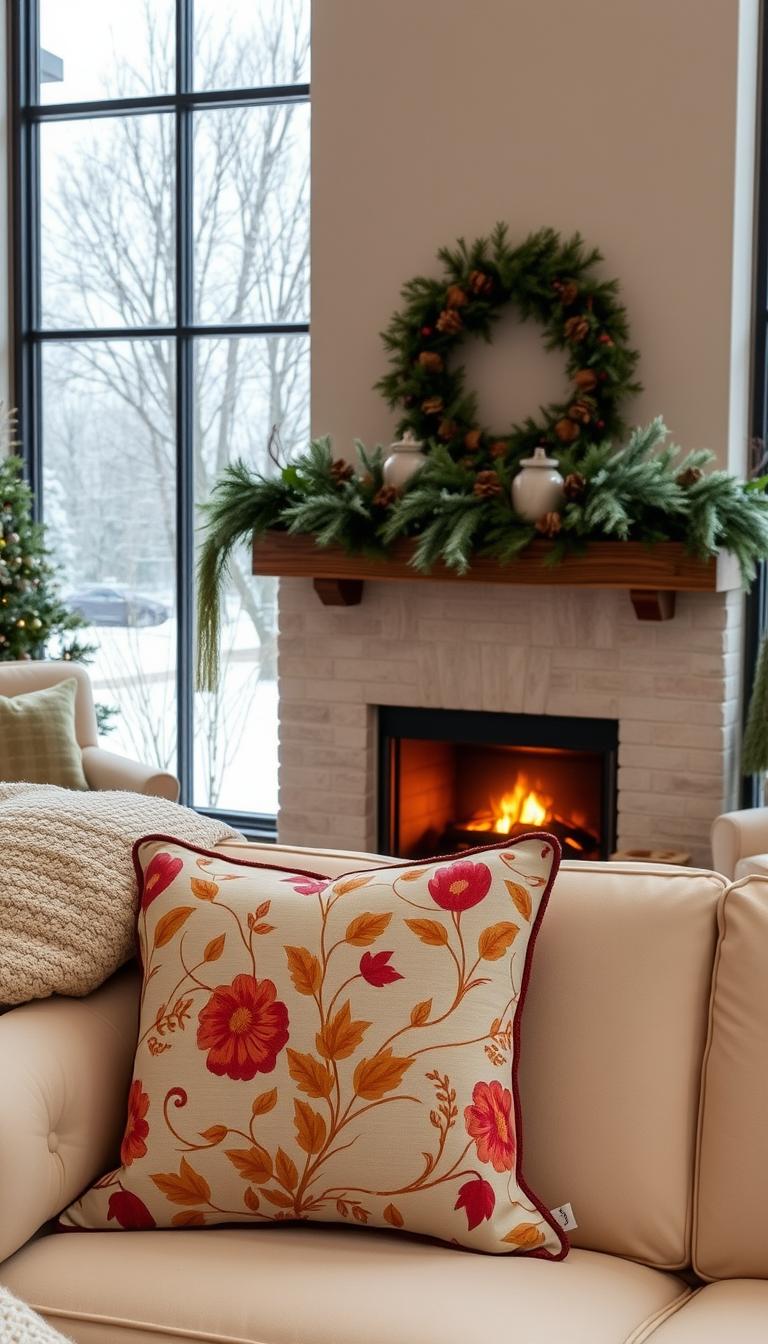 A cozy living room with a large window overlooking a snowy landscape. In the foreground, an elegant decorative pillow cover with a seasonal floral pattern in warm autumn tones. The pillow sits on a plush cream-colored sofa, complemented by soft knit throws and a rustic wooden coffee table. In the middle ground, a mantel decorated with garlands of evergreen, pinecones, and red berries casts a warm glow from the fireplace below. The background features a winterscape of bare trees and a dusting of snow, bathed in soft natural light filtering through the window. An inviting and festive atmosphere perfect for a cozy afternoon.