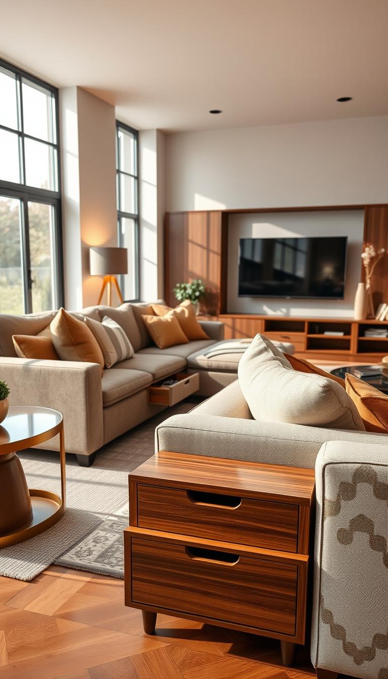 A cozy living room with hidden storage solutions seamlessly integrated into the decor. The camera captures a wide, well-lit scene with soft, natural lighting filtering in from large windows. In the foreground, a stylish side table features discreet drawers and shelves, blending perfectly with the warm, wooden accents. The middle ground showcases a plush, L-shaped sofa with cleverly concealed storage compartments within the armrests and under the cushions. In the background, a sleek entertainment unit houses both open and hidden storage spaces, creating a harmonious and clutter-free aesthetic. The overall mood is one of effortless organization, comfort, and design-forward functionality.