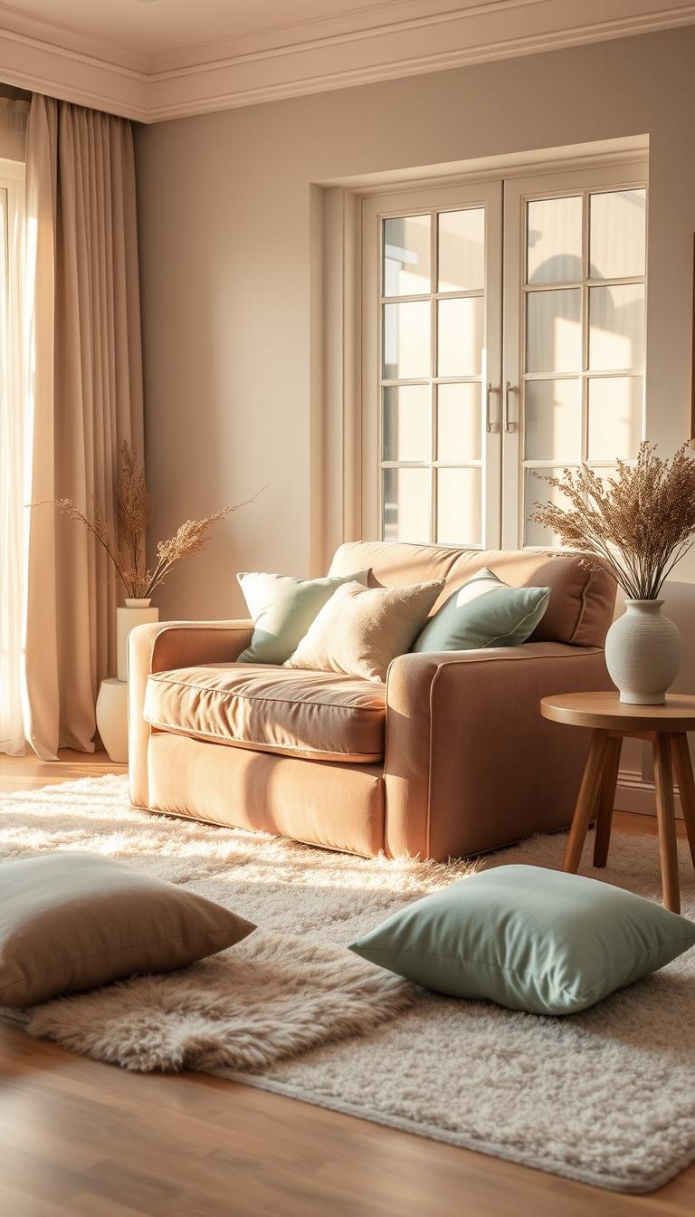 A cozy living room with soft pastel decor. The scene features a plush, oversized armchair in a muted dusty rose hue, surrounded by a fluffy cream-colored area rug. Scattered throughout the space are accent pillows in gentle shades of mint, lavender, and sage green. Warm lighting filters in through a large picture window, casting a dreamy, ethereal glow. Nearby, a smooth wooden side table holds a delicate ceramic vase filled with fresh wildflowers. The overall mood is serene, inviting, and deeply comforting. Shot with a wide-angle lens to capture the full, tranquil ambiance.