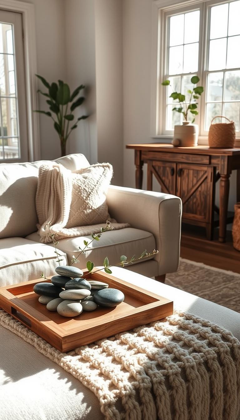 A cozy, minimalist living room showcasing natural materials. In the foreground, a plush linen sofa and a chunky knitted throw blanket create a soft, inviting texture. On the coffee table, a wooden tray holds a stylized arrangement of river stones and a single sprig of eucalyptus. Sunlight streams in through large windows, casting a warm glow on the scene. In the background, a rustic wooden console table displays a potted fiddle-leaf fig and a woven basket. The overall atmosphere is one of organic simplicity and quiet elegance.