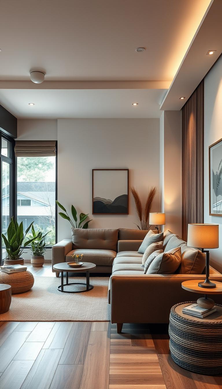 A cozy, minimalist living room with a sleek, L-shaped sectional sofa in a muted, earthy tone. The sofa features clean lines and low-profile design, offering compact seating for a contemporary, urban-inspired interior. Warm, indirect lighting from recessed fixtures and a pair of mid-century inspired table lamps creates a soft, inviting ambiance. The room is accented with natural materials like wood, stone, and woven textures, contributing to the overall sense of modern sophistication. Large windows flood the space with natural daylight, blending the indoor and outdoor environments. Potted plants and a simple, abstract wall hanging add touches of organic greenery, completing the tranquil, yet stylish aesthetic.