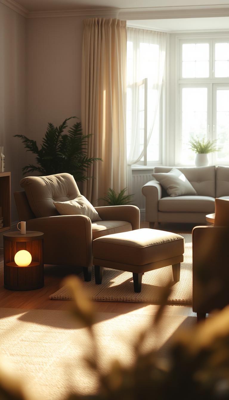 A cozy morning interior with soft, warm lighting illuminating a comfortable living space. In the foreground, a plush armchair and footstool sit beside a small side table with a glowing table lamp. Mid-ground features a large, inviting sofa and a thick area rug, while the background showcases a bay window with flowing curtains and a glimpse of natural light outside. Permeating the scene is a sense of tranquility and relaxation, enhanced by muted earth tones, natural textures, and a gentle, diffused lighting scheme that creates a soothing, calming ambiance.