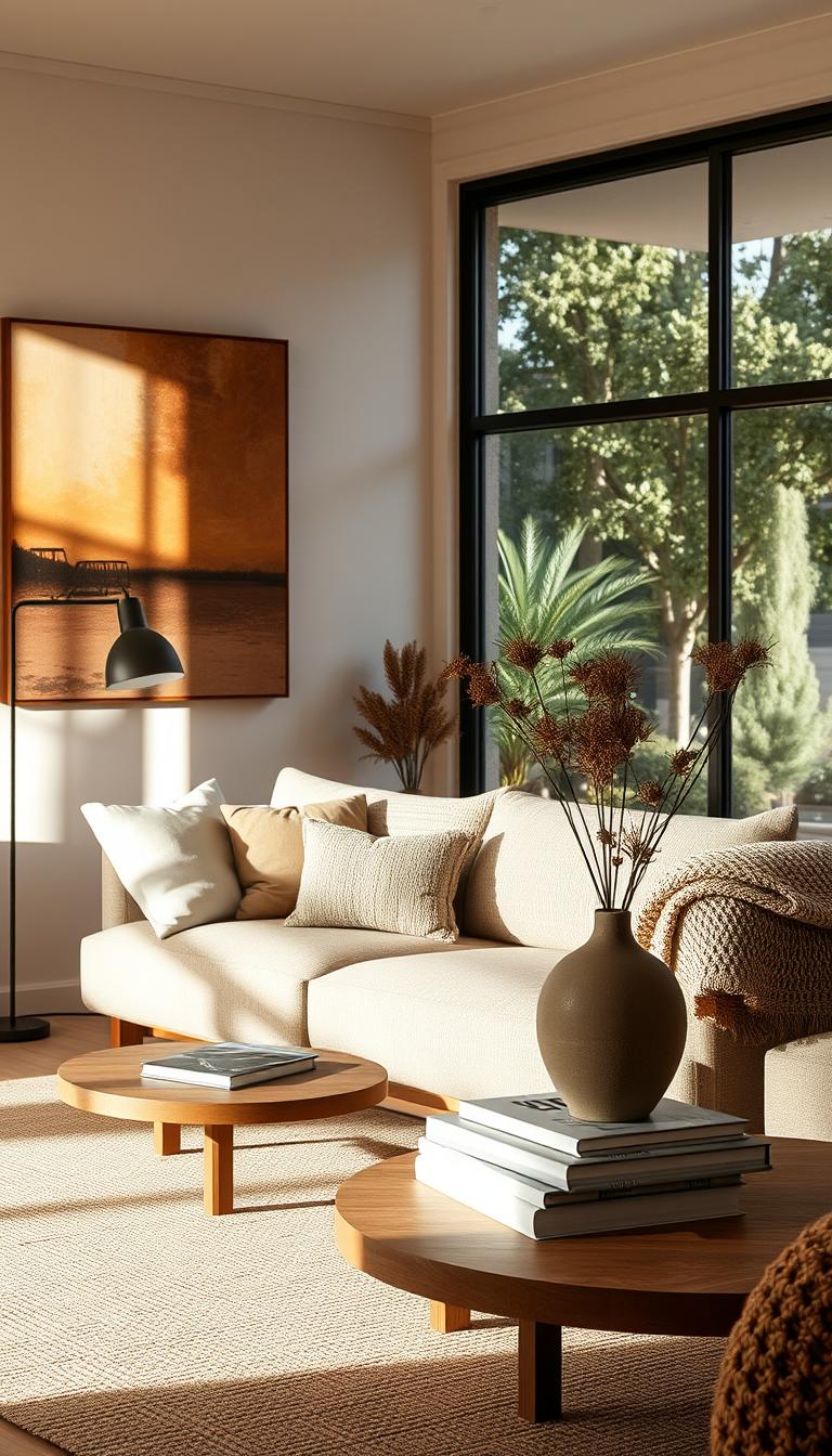 A cozy neutral living room with a warm, inviting atmosphere. In the foreground, an abstract wall art piece in earthy tones commands attention, casting soft shadows across the textured beige sofa. Plush throw pillows and a woven blanket add layers of tactile interest. The middle ground features a low, minimal wood coffee table adorned with a ceramic vase of dried florals and a stack of artful design books. Indirect lighting from a floor lamp and a small tabletop lamp creates a gentle, intimate glow. In the background, a large window overlooks a lush outdoor scene, allowing natural light to filter in and blend seamlessly with the interior. A cozy neutral living room with a warm, inviting atmosphere. In the foreground, an abstract wall art piece in earthy tones commands attention, casting soft shadows across the textured beige sofa. Plush throw pillows and a woven blanket add layers of tactile interest. The middle ground features a low, minimal wood coffee table adorned with a ceramic vase of dried florals and a stack of artful design books. Indirect lighting from a floor lamp and a small tabletop lamp creates a gentle, intimate glow. In the background, a large window overlooks a lush outdoor scene, allowing natural light to filter in and blend seamlessly with the interior.