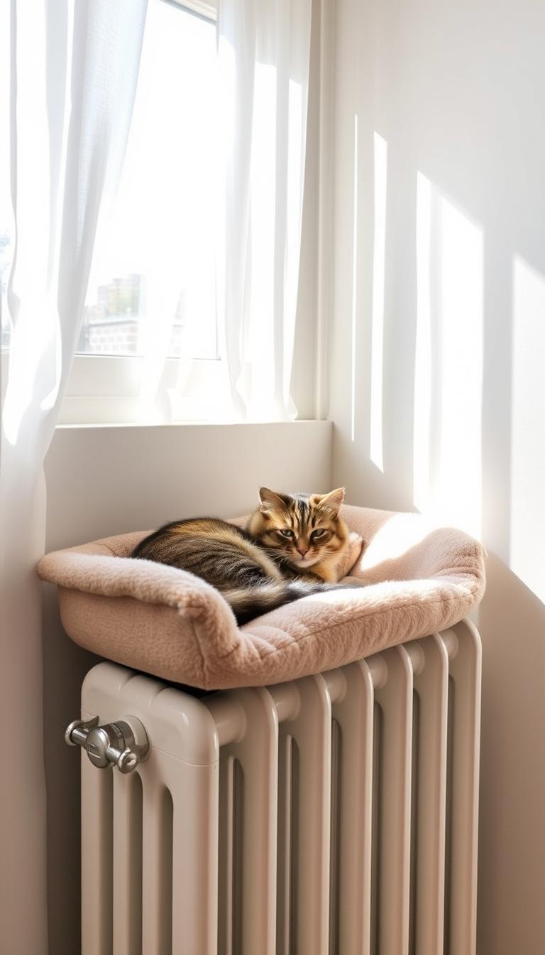A cozy radiator-top cat bed in a sun-drenched corner, crafted from plush, textured fabrics in a warm, neutral palette. The bed is nestled on a sturdy metal radiator, with gentle curves and a raised edge to keep the feline occupant secure. Soft, diffused lighting filters through sheer curtains, creating a tranquil, inviting atmosphere. The cat, a fluffy tabby, is curled up contentedly, basking in the warmth and comfort of its custom-made retreat. The scene exudes a sense of domestic serenity, perfectly suited for a cozy cat corner in a small living space.