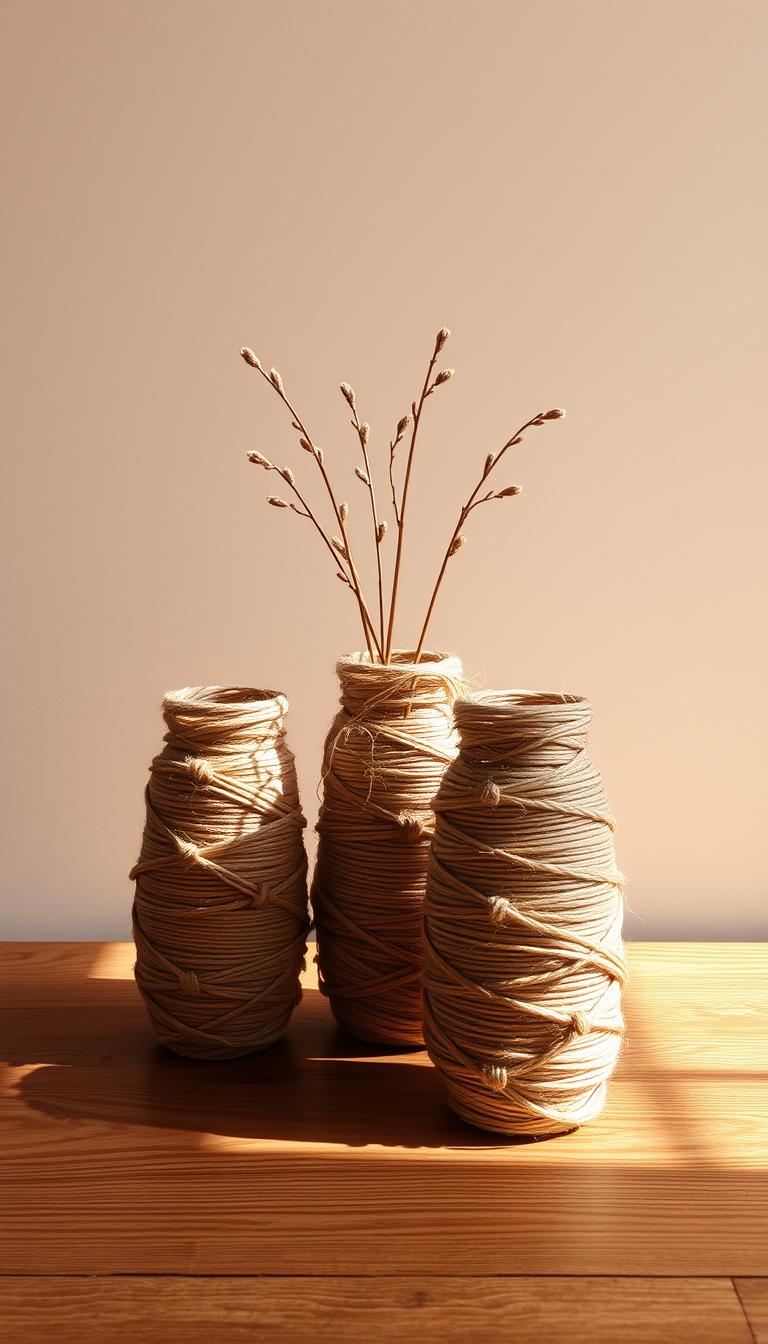 A cozy, rustic still life scene showcasing a trio of handcrafted vases wrapped in natural twine. The vases are arranged on a wooden tabletop, casting warm shadows under soft, diffused lighting. The twine is woven in a delicate, organic pattern, adding texture and visual interest. In the background, a neutral-toned wall serves as a minimalist backdrop, allowing the earthy tones and handmade charm of the vases to take center stage. An inviting, homespun atmosphere pervades the scene, inspiring a sense of simple, handcrafted elegance.