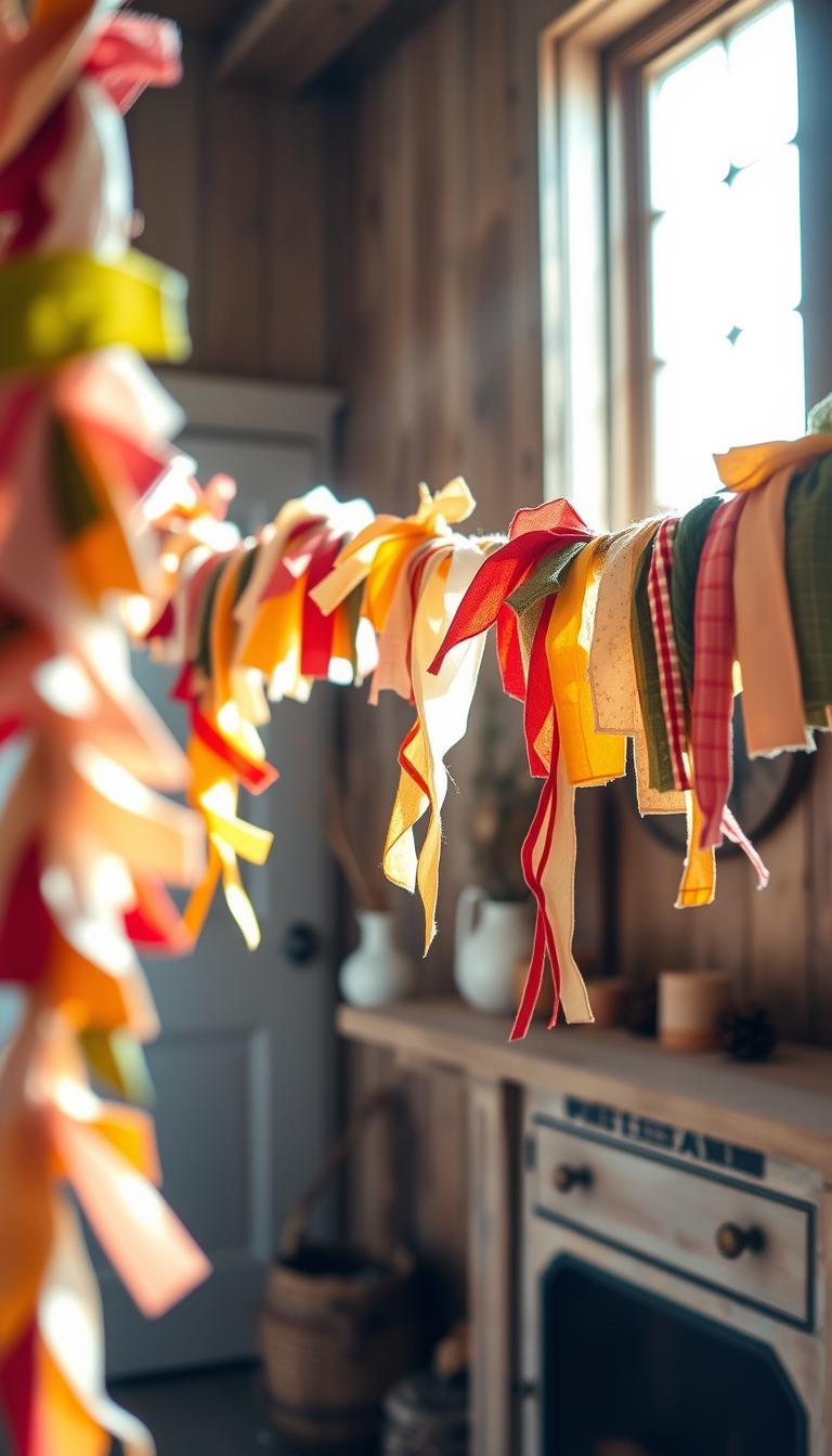 A cozy seasonal scene of fabric scrap garland hanging in a rustic farmhouse interior. In the foreground, vibrant scraps of colorful fabrics are artfully woven together, casting a warm glow. In the middle ground, sunlight streams through a window, illuminating the textured wooden surfaces. The background features a simple yet charming decor, with hints of seasonal accents like pinecones or dried flowers. The overall atmosphere is one of homespun comfort and creative DIY inspiration. Soft, diffused lighting creates a inviting, intimate mood. Captured with a wide-angle lens to showcase the full scene.