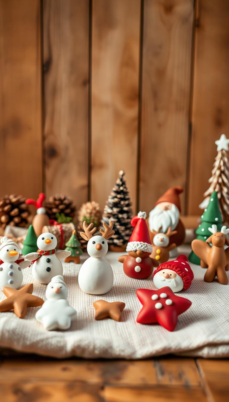 A cozy table arrangement showcasing an assortment of handcrafted clay figurines in holiday-themed designs. In the foreground, a variety of festive shapes - snowmen, reindeer, Santa Claus - rest on a textured linen cloth, their details meticulously sculpted. The middle ground features a rustic wooden backdrop, its warm tones complementing the earthy hues of the clay. Soft, diffused lighting from above illuminates the scene, creating a welcoming, intimate atmosphere. The overall composition evokes a sense of homespun charm and the joy of seasonal DIY crafting.