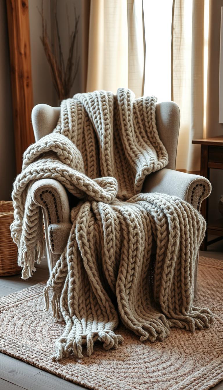 A cozy, textured scene featuring a chunky knit blanket draped over a plush, rustic chair. The blanket is in a warm, neutral tone that complements the worn wood and earthy tones of the room. Soft, diffused lighting casts a gentle glow, creating a serene, inviting atmosphere. The camera angle is slightly elevated, capturing the texture and depth of the scene. The background is filled with other natural textiles, such as linen curtains and a woven rug, adding to the warm, farmhouse-inspired ambiance.