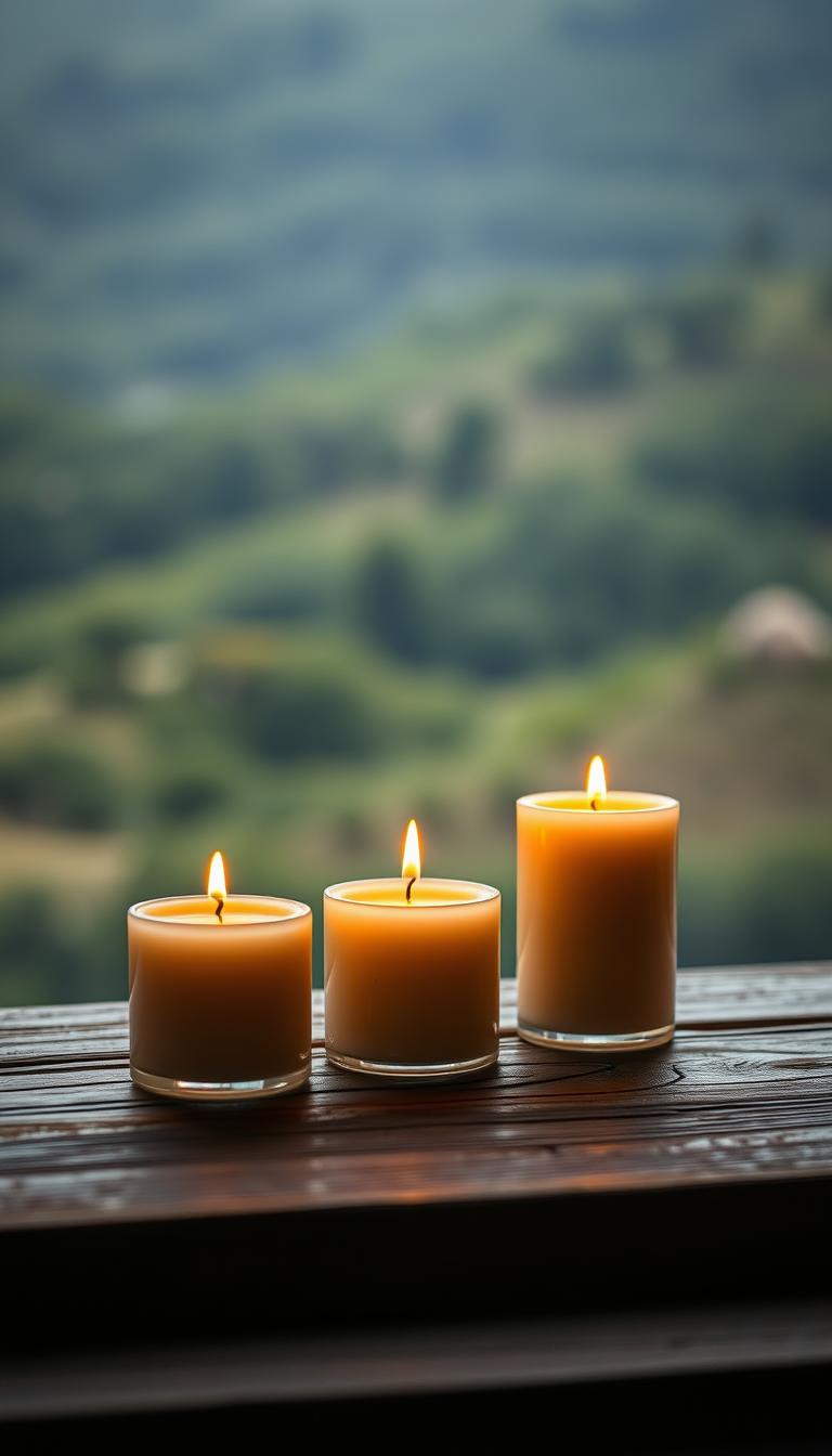 A cozy, tranquil scene of three non-toxic soy candles flickering atop a rustic wooden table. Warm, soft lighting bathes the scene, casting a serene, comforting glow. The candles' flames dance gently, their natural, earthy scent filling the air. In the background, a blurred, calming landscape of lush greenery and muted tones creates a sense of peaceful isolation. The composition is balanced, the candles positioned thoughtfully to draw the viewer's eye. An intimate, relaxing atmosphere, perfect for an evening of unwinding and finding solace.