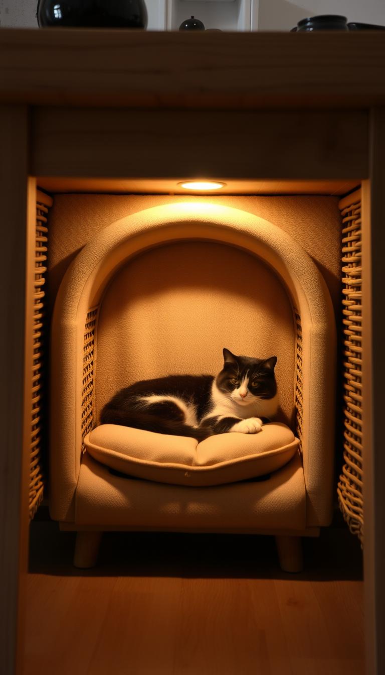A cozy under-table cat hideaway, bathed in warm, soft lighting. A plush, overstuffed cushion fills the recessed space, inviting feline occupants to curl up in comfort. Woven rattan sides provide a sense of privacy and security, while a gently curved lip at the entrance adds an air of coziness. The tabletop above casts a gentle glow, creating an intimate, cave-like atmosphere. Wooden legs and a rustic, natural-toned surface complete the inviting, Scandinavian-inspired design. Textures of fabric, wood, and wicker blend seamlessly, crafting the perfect private nook for a discerning cat to while away the hours.