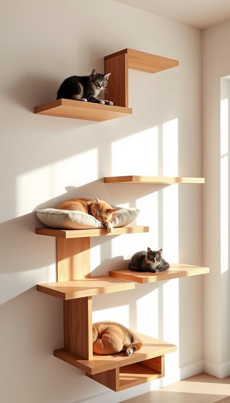 A cozy wall-mounted cat shelving system crafted from sleek, natural wood in a warm, earthy tone. The shelves are arranged in a cascading, asymmetric pattern, providing ample resting spots for feline companions. Soft, ambient lighting casts a gentle glow, creating a soothing, relaxing atmosphere. The shelves are adorned with plush, neutral-toned cushions, inviting cats to curl up and bask in the comfort. The shelves are mounted securely against a crisp, white wall, seamlessly blending form and function. Sunlight filters in through nearby windows, illuminating the scene and highlighting the natural textures. An elegant, minimalist design that caters to the needs of discerning cats and their owners.