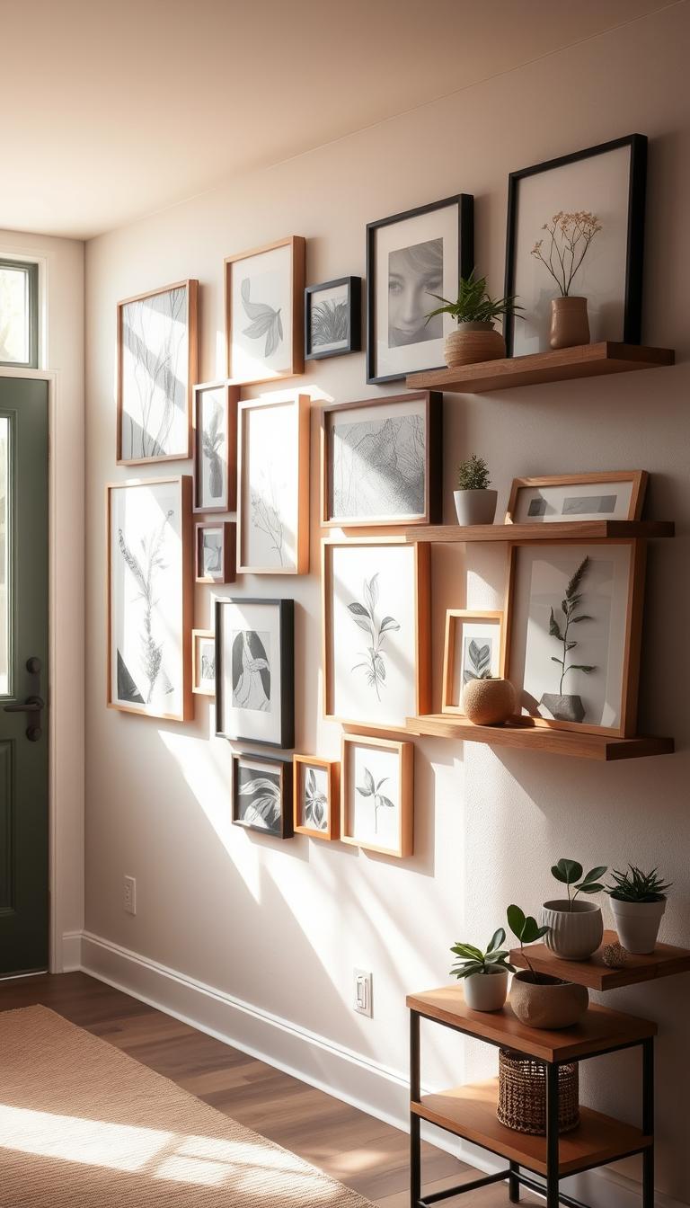 A cozy, well-curated gallery wall in a sun-drenched entryway. Textured frames in varying sizes and materials, housing a mix of abstract art, black and white photography, and delicate botanicals. Eclectic, yet harmonious composition, perfectly complemented by minimalist wooden shelves displaying potted plants and small decorative objects. Warm, diffused lighting casts a soft glow, creating an inviting and personalized ambiance. The overall scene exudes a sense of relaxed sophistication, seamlessly blending form and function in a cohesive, visually captivating display.