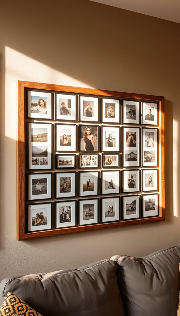 A cozy, well-lit DIY photo grid wall, with a rustic wood frame and crisp white mats showcasing an artful collection of framed family photos, polaroids, and prints. The grid layout is precise and symmetrical, with even spacing between the frames. Soft, natural lighting from a large window illuminates the display, casting gentle shadows and highlights. The overall aesthetic is inviting and homey, with a touch of bohemian charm. The walls are a warm, neutral tone that complements the wood and photos. The frames are a mix of natural wood tones and sleek black, creating visual interest and balance. The arrangement feels curated and intentional, reflecting the personalities and memories of the homeowners.