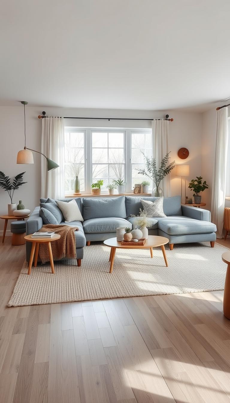 A cozy, well-lit Scandinavian living room with clean lines, natural materials, and a hygge-inspired ambiance. A large, plush gray sectional sofa sits atop a neutral woven rug, surrounded by Danish-inspired wooden side tables and a low-profile coffee table. The room is filled with soft, diffused lighting from a large window and minimalist pendant lamps, casting a warm glow. Accents include textured throw blankets, potted plants, and carefully curated decorative objects in earthy tones. An overall sense of relaxation and comfort permeates the space.