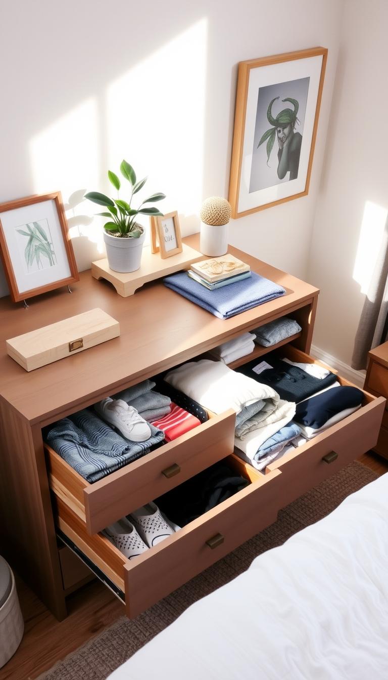 A cozy, well-lit bedroom dresser in soft natural light. The top surface is neatly organized, with a few carefully curated items like a potted plant, a decorative tray, and a framed artwork. The drawers are opened, revealing their contents - folded clothes, accessories, and personal items - all arranged in a visually appealing manner. The overall atmosphere is one of tranquility and mindfulness, reflecting the intention to declutter and create a serene, calming space. A cozy, well-lit bedroom dresser in soft natural light. The top surface is neatly organized, with a few carefully curated items like a potted plant, a decorative tray, and a framed artwork. The drawers are opened, revealing their contents - folded clothes, accessories, and personal items - all arranged in a visually appealing manner. The overall atmosphere is one of tranquility and mindfulness, reflecting the intention to declutter and create a serene, calming space.