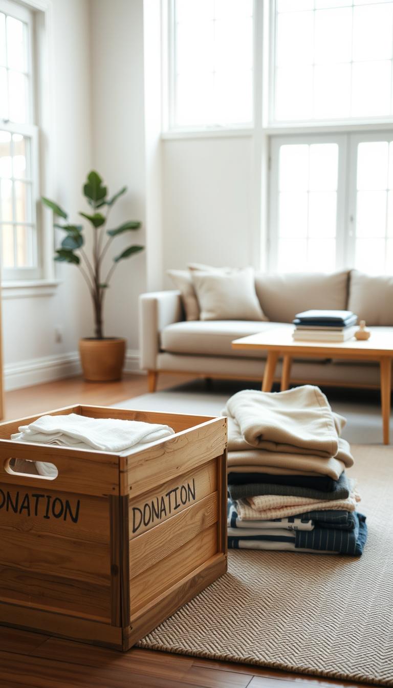 A cozy, well-lit corner of a minimalist living room. In the foreground, a wooden crate serves as a donation box, its sides adorned with simple, hand-painted labels. Nearby, a stack of neatly folded garments and household items await their next purpose. The middle ground features a sleek, neutral-toned sofa and a minimalist coffee table, creating a sense of balance and serenity. The background showcases large windows, allowing natural light to flood the space and highlighting the clutter-free, peaceful atmosphere. The overall composition conveys a sense of intentionality, encouraging the viewer to embrace a decluttered lifestyle.