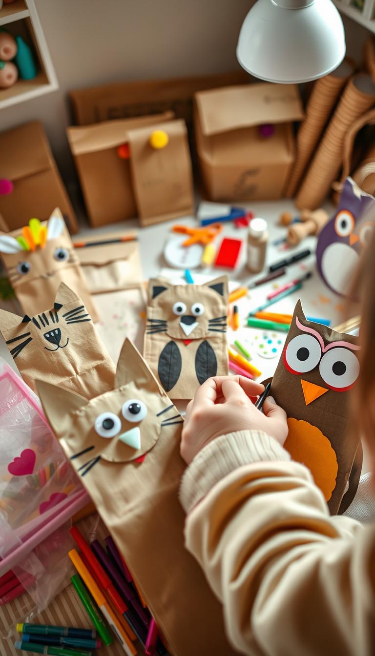 A cozy, well-lit crafting corner featuring a colorful array of DIY paper bag puppets. The foreground displays an assortment of puppets, including a smiling cat, a cheerful dog, and a whimsical owl, all made from brown paper bags and decorated with vibrant markers and googly eyes. In the middle ground, a child's hands are engaged in crafting, carefully applying stickers and embellishments to a new puppet. The background includes a table strewn with craft supplies—markers, scissors, and glue—under soft, natural lighting that evokes a warm and inviting atmosphere. The lens captures the scene from a slightly elevated angle, showing the joy and creativity of easy craft projects for kids, emphasizing a fun and playful vibe without any text or distractions.