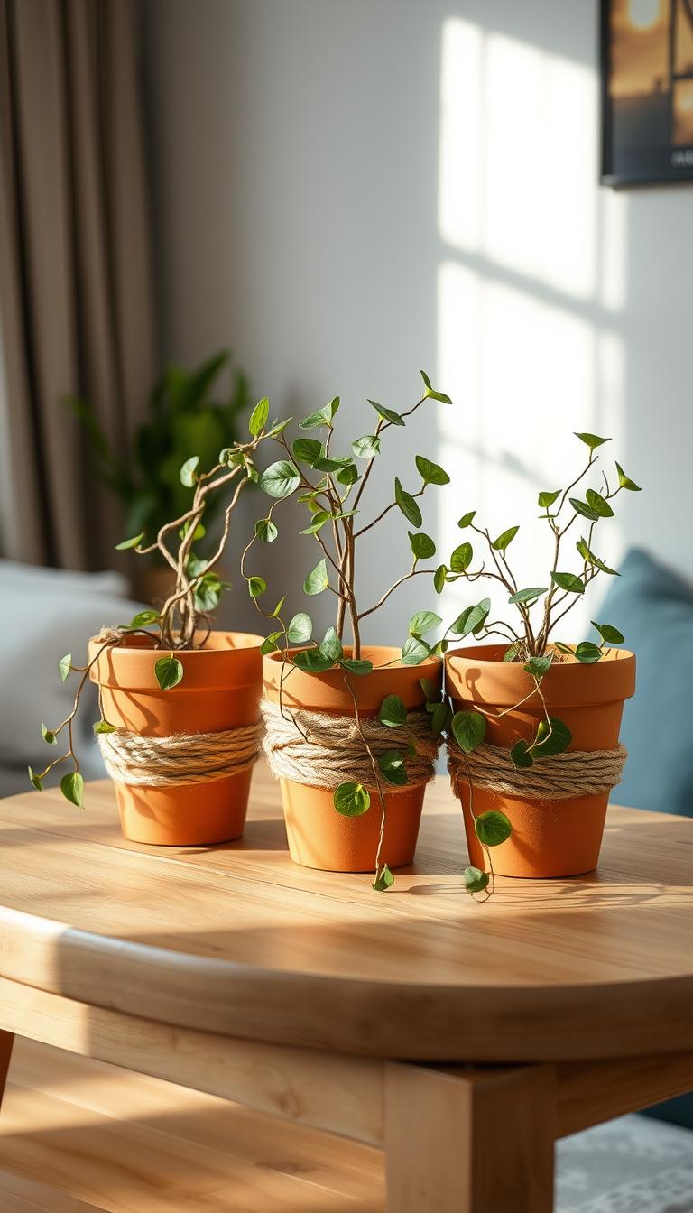 A cozy, well-lit indoor scene showcasing three rustic, rope-wrapped terracotta plant pots sitting on a natural wooden table. The pots are adorned with delicate trailing vines and lush green foliage, creating a harmonious blend of organic textures. Soft, warm lighting casts gentle shadows, highlighting the intricate rope details and the natural grain of the wooden surface. The overall atmosphere exudes a sense of tranquility and homely charm, perfectly capturing the essence of a simple, yet visually appealing DIY craft project.