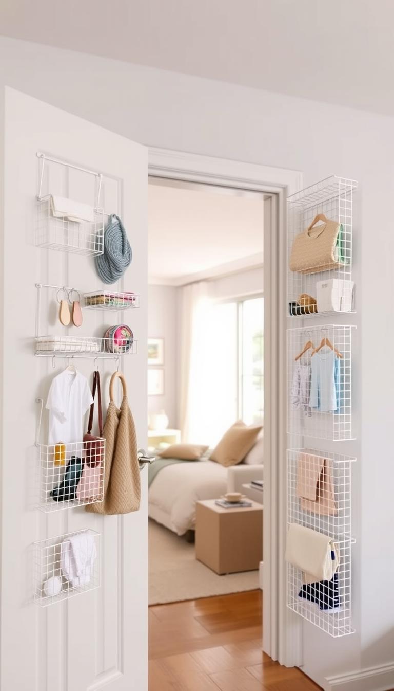 A cozy, well-lit interior of a modern home showcasing an array of over-the-door storage racks. In the foreground, several sleek, white wire mesh racks in various sizes are mounted on the back of a bedroom door, neatly organizing an assortment of everyday items. The middle ground features a clean, minimalist room decor with soft, neutral tones, complementing the practical storage solution. In the background, natural light streams in through large windows, creating a bright and airy atmosphere that enhances the sense of order and efficiency. The overall scene conveys a harmonious blend of functionality and aesthetic appeal, exemplifying an economical and space-saving home organizing approach.