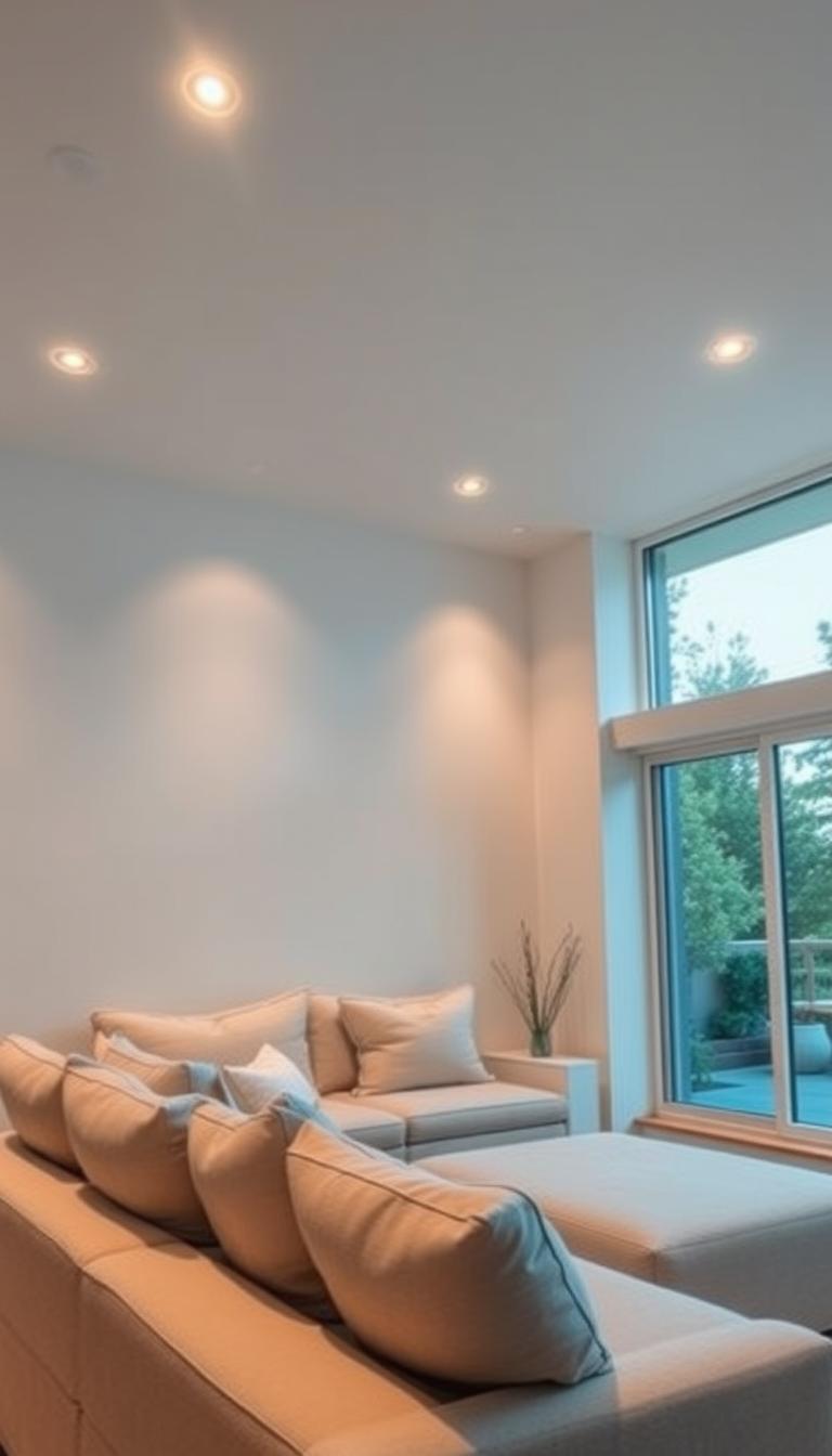 A cozy, well-lit living room with a minimalist aesthetic. Soft, warm lighting emanates from a series of recessed ceiling fixtures, casting a gentle glow over the space. The lighting is strategically placed to highlight key architectural elements, such as clean lines and neutral-toned walls. A large, floor-to-ceiling window allows natural light to filter in, creating a harmonious balance between artificial and natural illumination. Plush, neutral-colored furnishings and minimal decor contribute to the overall calming and serene ambiance, perfectly capturing the essence of "minimalist lighting ideas for a clean look."