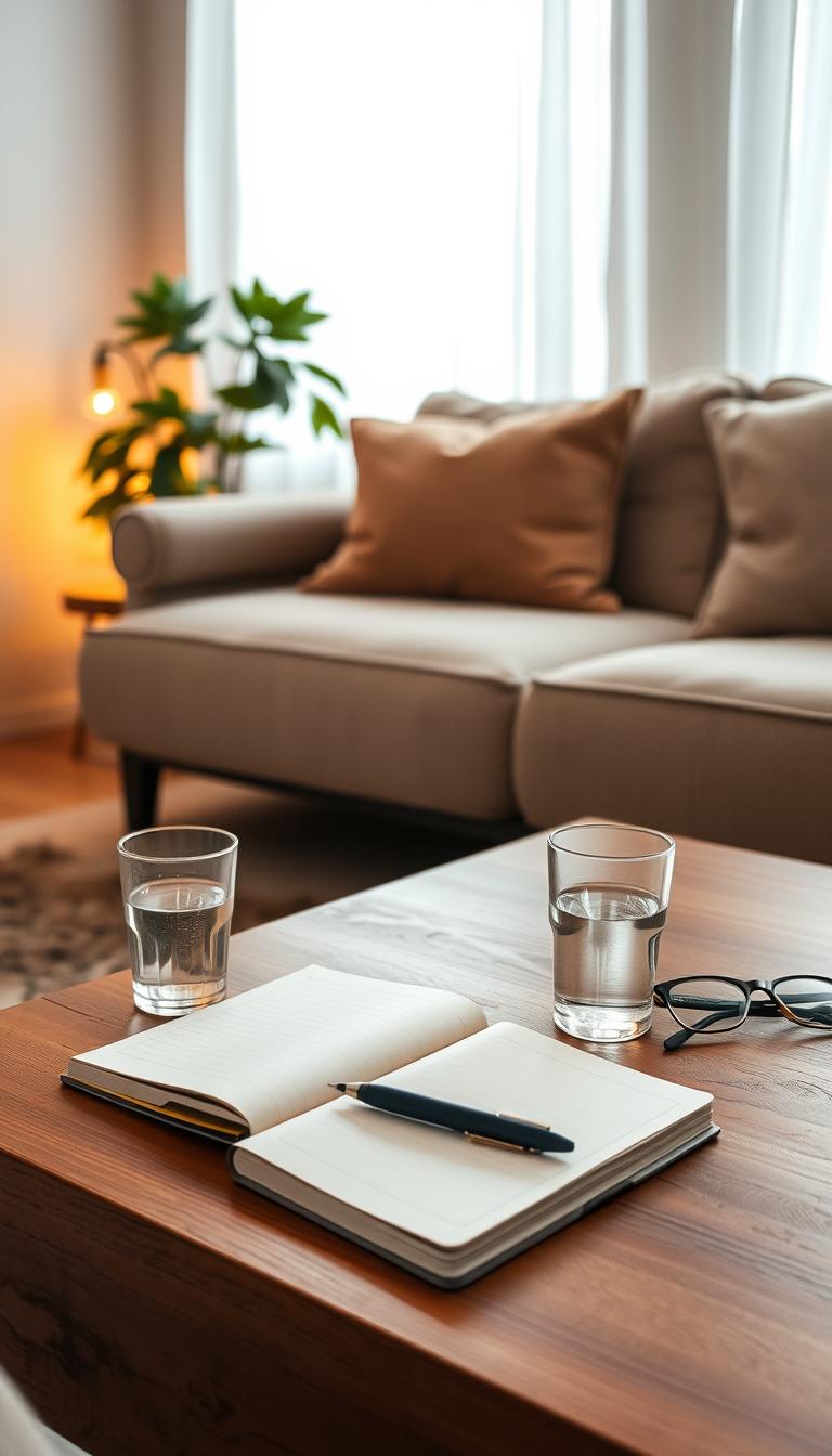 A cozy, well-lit living room with a plush sofa, a potted plant, and warm lighting. On a wooden coffee table, a tidy arrangement of essentials - a journal, a pen, a glass of water, and a pair of reading glasses. The room has an inviting, calming atmosphere, with soft textures and muted colors. The camera angle is slightly elevated, capturing the scene from a comfortable, observational perspective. The focus is on the organized, peaceful routine unfolding in this intimate, domestic space.