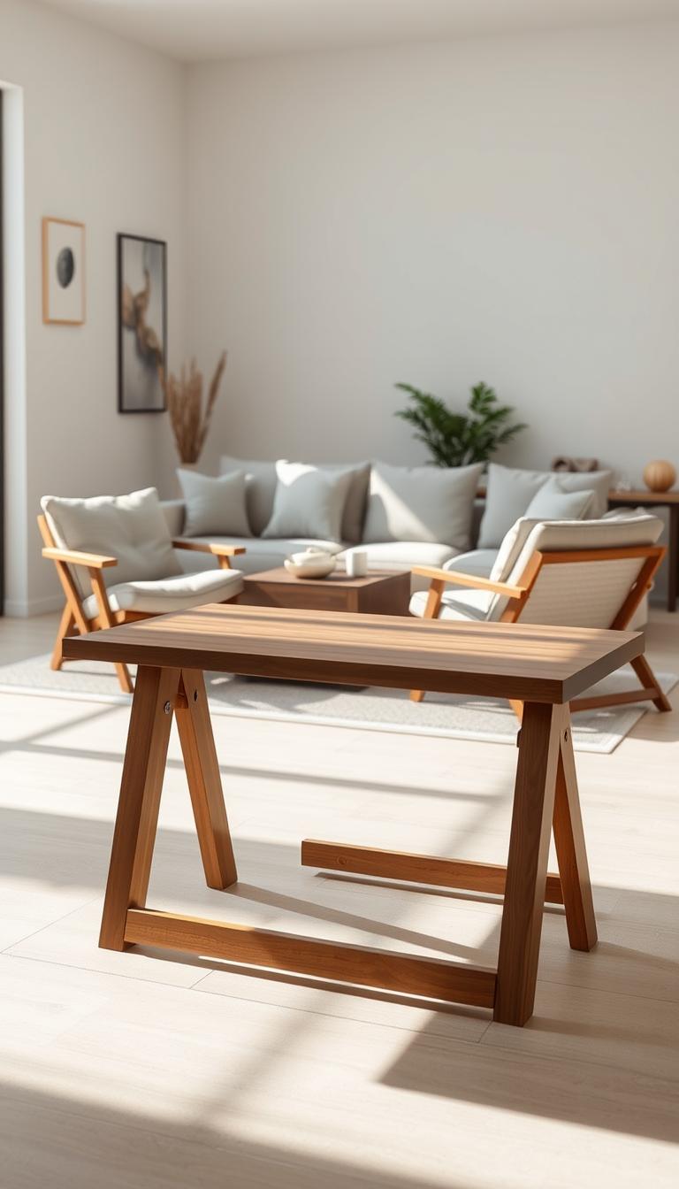 A cozy, well-lit modern living room with a focal point of foldable furniture pieces. In the foreground, a minimalist, walnut-toned foldable table with sleek lines and a floating top. Behind it, a pair of matching foldable chairs with plush, dove-gray upholstery that can be easily tucked away when not in use. In the middle ground, a modular, foldable sofa with clean, contemporary silhouette in a soothing neutral palette. The background features a large window with natural light streaming in, and subtle, warm-toned decor accents that create a harmonious, uncluttered aesthetic. A cozy, well-lit modern living room with a focal point of foldable furniture pieces. In the foreground, a minimalist, walnut-toned foldable table with sleek lines and a floating top. Behind it, a pair of matching foldable chairs with plush, dove-gray upholstery that can be easily tucked away when not in use. In the middle ground, a modular, foldable sofa with clean, contemporary silhouette in a soothing neutral palette. The background features a large window with natural light streaming in, and subtle, warm-toned decor accents that create a harmonious, uncluttered aesthetic.