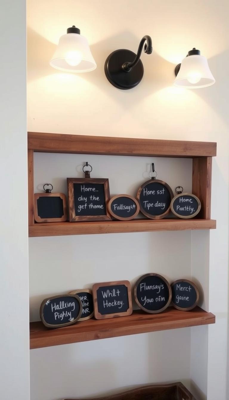 A cozy, well-lit nook featuring a rustic wooden shelf with a collection of mini chalkboard signs. The signs are in varying shapes and sizes, some rectangular, some circular, all with a vintage, distressed finish. Soft lighting from sconces above casts a warm glow, highlighting the chalkboard texture and the charcoal-colored handwritten messages. In the background, a neutral-toned wall creates a simple, uncluttered backdrop, allowing the signs to take center stage. The composition is balanced and inviting, capturing the charm of DIY decor that can be easily swapped out for different seasons and occasions.