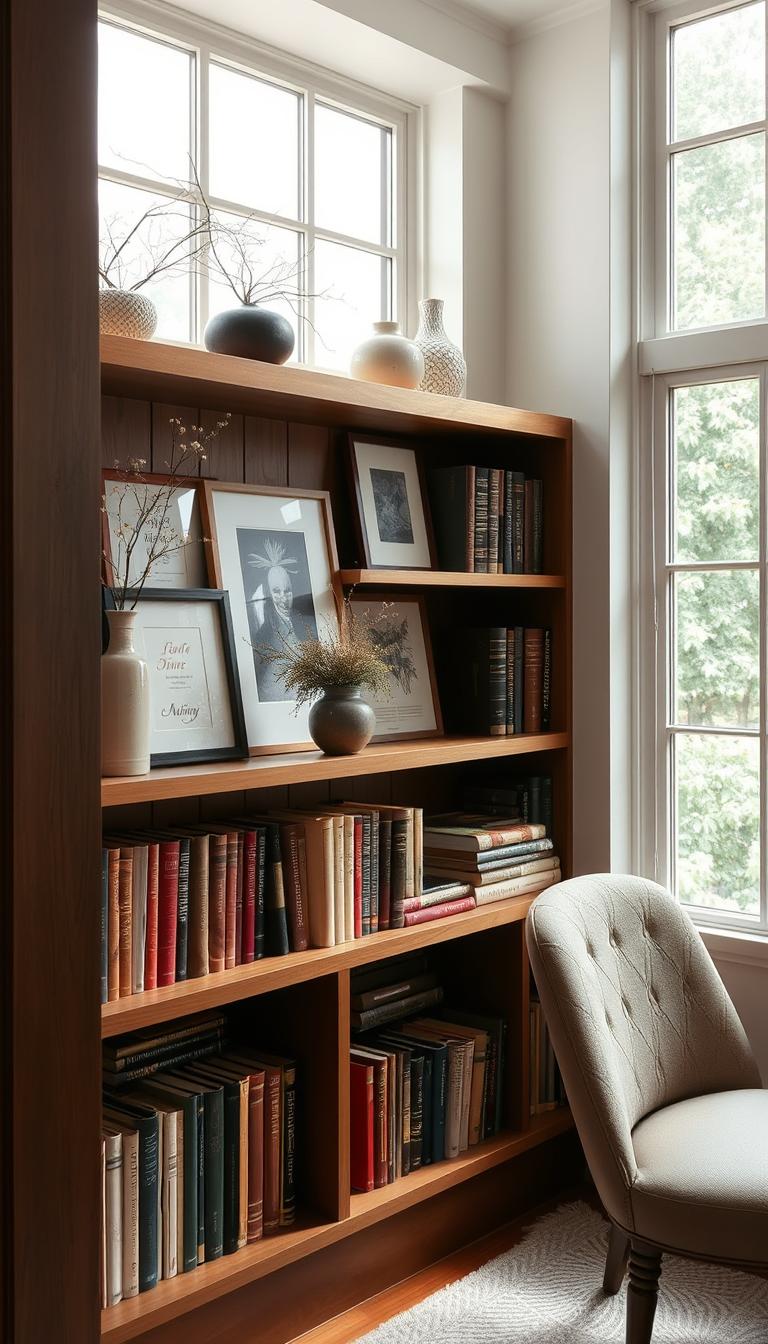 A cozy, well-lit study nook with a wooden bookshelf displaying an artful mix of hardcover books, ceramic vases, framed artwork, and delicate plant life. The bookshelf is situated in front of a large window, allowing natural light to gently illuminate the scene. The books are arranged in an aesthetically pleasing manner, with some standing upright and others stacked horizontally, creating visual interest. The decorative objects, such as the vases and framed artwork, are strategically placed to complement the books and add pops of color and texture. The overall atmosphere is one of warmth, sophistication, and a love for the printed word.