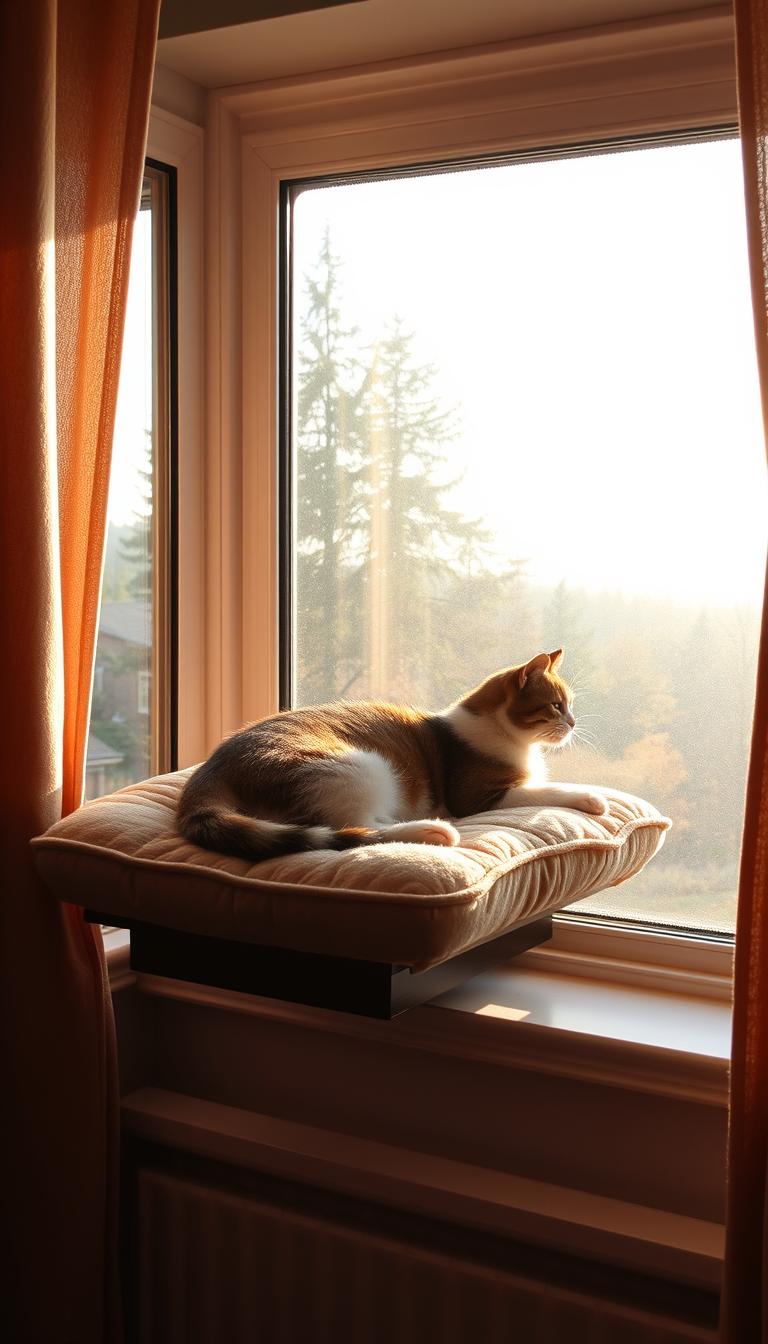 A cozy window nook adorned with a plush, cushioned perch for a feline companion. The perch is situated in front of a large, sun-drenched window, offering a panoramic view of the outdoor scenery. Soft, luxurious fabrics in earthy tones and textures create a comfortable and inviting space for a cat to lounge, watch the world go by, or take a well-deserved nap. The perch is designed with an elevated platform and gently sloping sides, providing a secure and comfortable resting spot. Warm, diffused lighting filters through the window, casting a gentle glow and creating a peaceful, serene atmosphere. The overall scene evokes a sense of comfort, relaxation, and a deep connection between the feline resident and its cozy window retreat.