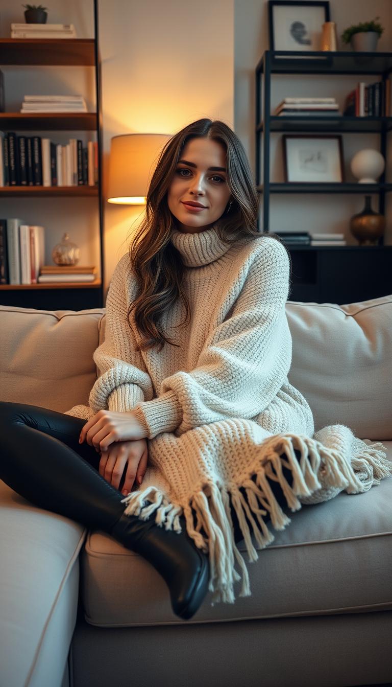 A cozy winter scene featuring a fashionable young woman wearing a soft, oversized cream sweater, with rolled sleeves, paired with sleek black leggings. She is sitting comfortably on a plush, neutral-toned sofa, with a warm knitted blanket draped over her lap. The lighting is soft and warm, casting a gentle glow that enhances the inviting atmosphere. In the background, a stylish bookshelf filled with books and decor adds an elegant touch. The camera angle captures the woman from a slightly elevated perspective, emphasizing her relaxed pose and creating a sense of intimacy. The overall mood is chic yet casual, perfect for a cozy day indoors.