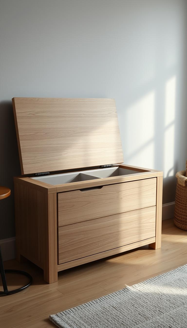 A cozy wooden bench with a hidden compartment, designed to seamlessly conceal a litter box. The front panel lifts up to reveal the enclosed space, featuring a sleek, modern aesthetic. Subtle textures and natural grains add warmth, while the clean lines and muted tones create a calming, minimalist ambiance. Soft, diffused lighting casts a gentle glow, highlighting the thoughtful design details. The overall scene evokes a sense of harmony, where form and function seamlessly come together to provide a discreet, pet-friendly solution for small living spaces.