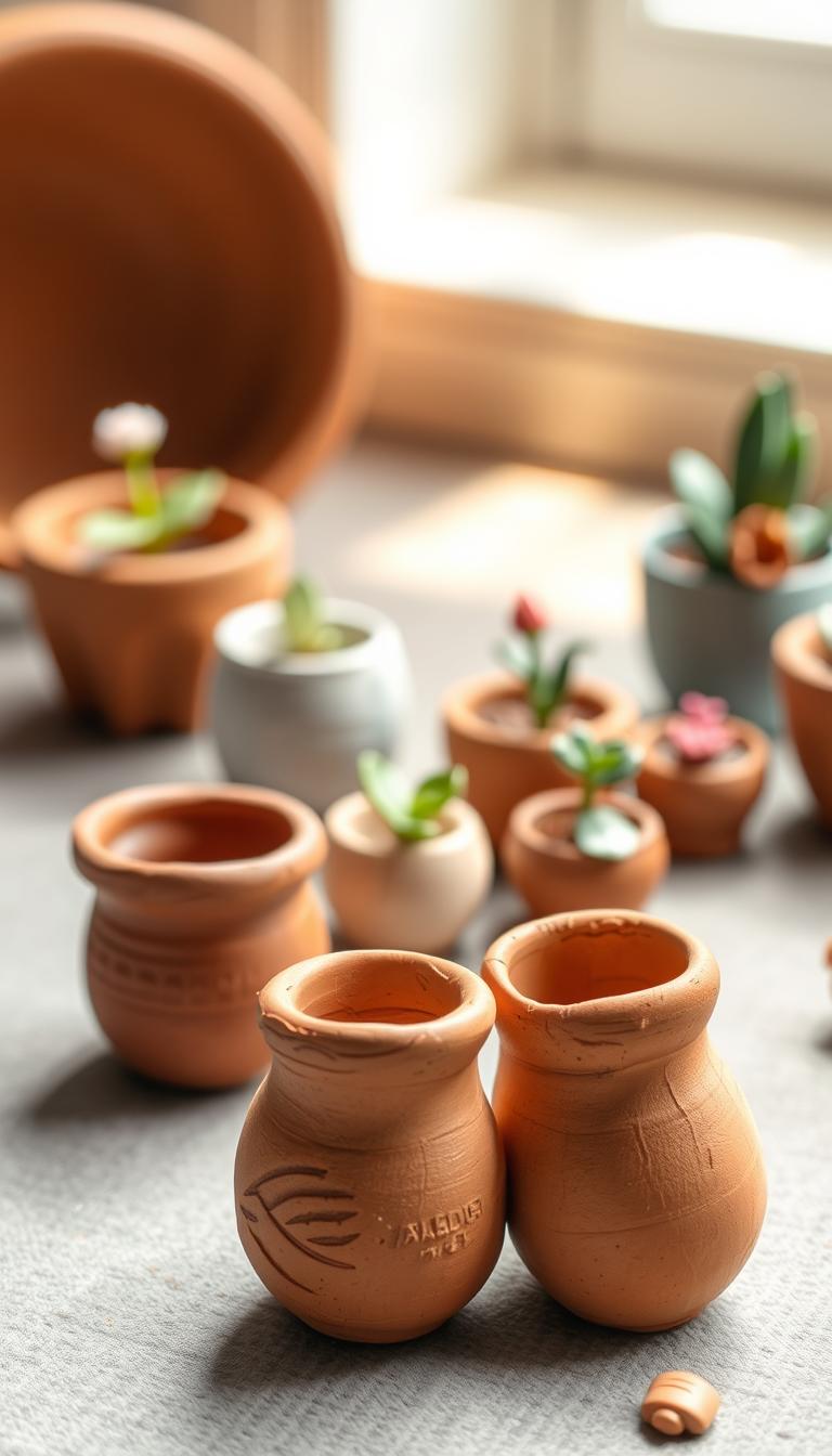 A delicate arrangement of miniature clay plant pots, meticulously crafted with intricate details. The foreground features a trio of petite pots in earthy tones, their surfaces adorned with subtle textures and patterns. In the middle ground, a selection of smaller pots in varying shapes and sizes, some with delicate floral or geometric embellishments, is displayed. The background showcases a serene, softly lit setting, with a warm, natural lighting that casts gentle shadows and highlights the tactile quality of the clay. The overall composition conveys a sense of whimsy and artisanal charm, inviting the viewer to appreciate the beauty and craftsmanship of these diminutive clay creations.