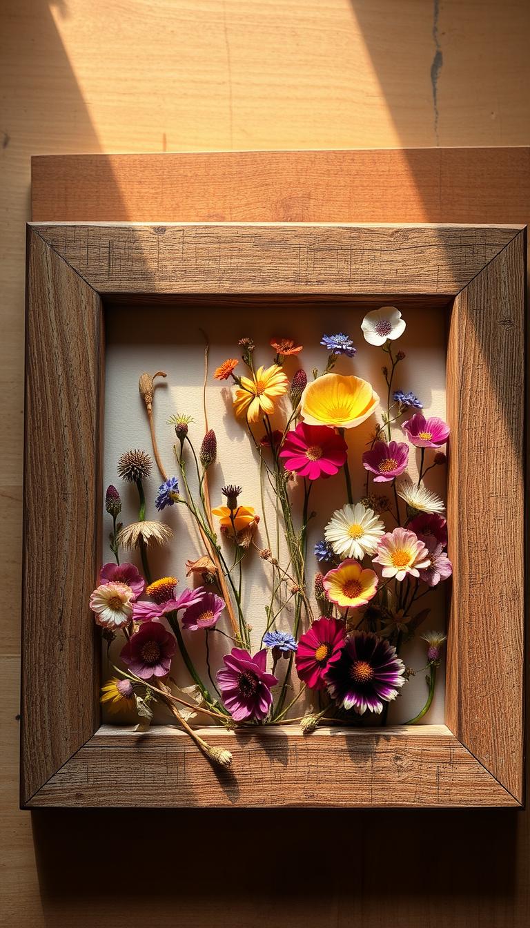 A delicate array of pressed flowers arranged meticulously on a wooden picture frame, bathed in soft, warm lighting. The floral specimens, carefully selected and pressed, create a serene and natural composition, showcasing their intricate textures and vibrant hues. The frame, with its rustic, distressed finish, provides a beautiful contrast, complementing the organic beauty of the flowers. The overall scene exudes a sense of tranquility and artisanal craftsmanship, perfectly capturing the essence of a handmade pressed flower art piece.
