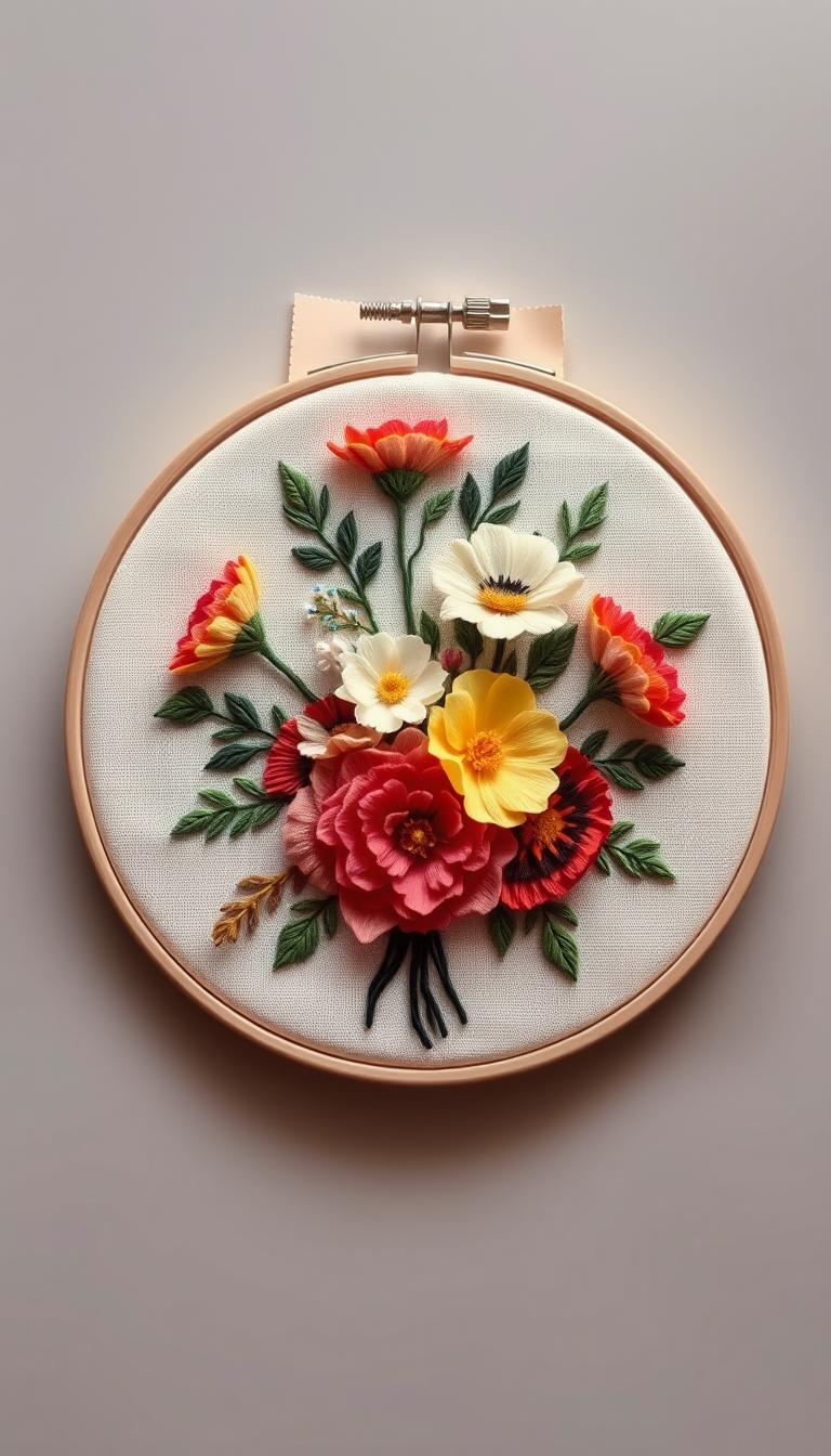 A delicate, handcrafted floral embroidery hoop art piece, featuring a vibrant bouquet of lush, blooming flowers against a soft, muted background. The embroidered petals and leaves are meticulously stitched with a mix of vibrant and muted tones, creating a textural, three-dimensional effect. The hoop is made of natural wood, complementing the organic, cozy aesthetic. The composition is centered and framed, with gentle, warm lighting illuminating the intricate details. The overall mood is one of rustic elegance and homespun charm, perfectly suited for a charming, cozy cottage or farmhouse setting.