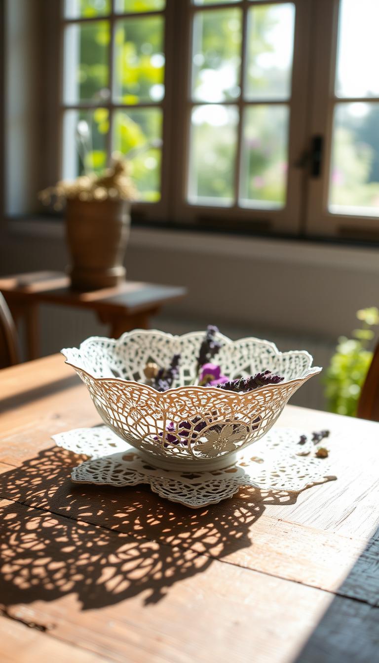 A delicate handmade lace doily bowl rests on a rustic wooden table, bathed in soft natural light. The intricate, floral pattern casts intricate shadows, creating a cozy and inviting atmosphere. The bowl is filled with dried lavender and petals, adding a touch of seasonal charm. In the background, a window overlooking a lush, green garden completes the tranquil, cottagecore scene. The image is captured with a shallow depth of field, gently blurring the surroundings and drawing the viewer's eye to the delicate lace centerpiece.