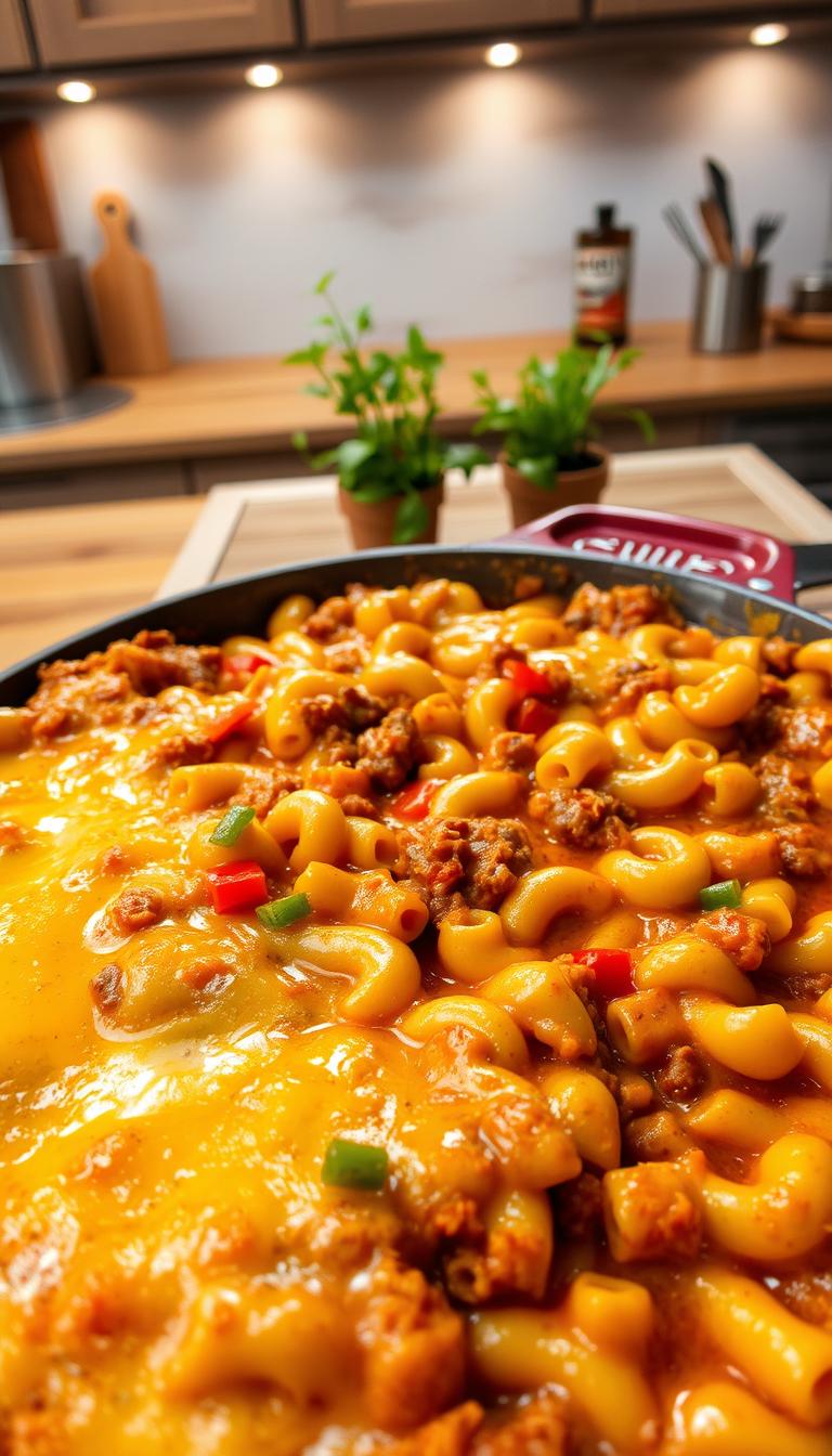 A delicious chili mac and cheese bake presented in a rustic, oven-safe dish. The foreground features the golden, cheesy top, with melted cheese forming a bubbly crust, and colorful diced bell peppers and minced ground beef peeking through. In the middle, the hearty macaroni pasta is visibly mixed with a rich chili sauce, flecked with spices and herbs. The background shows a warm, inviting kitchen setting with a wooden countertop, a few herbs in small pots, and soft, ambient lighting that creates a cozy atmosphere. The perspective is from above to capture the dish's texture and ingredients, evoking a sense of comfort and satisfaction in a family-friendly setting. A delicious chili mac and cheese bake presented in a rustic, oven-safe dish. The foreground features the golden, cheesy top, with melted cheese forming a bubbly crust, and colorful diced bell peppers and minced ground beef peeking through. In the middle, the hearty macaroni pasta is visibly mixed with a rich chili sauce, flecked with spices and herbs. The background shows a warm, inviting kitchen setting with a wooden countertop, a few herbs in small pots, and soft, ambient lighting that creates a cozy atmosphere. The perspective is from above to capture the dish's texture and ingredients, evoking a sense of comfort and satisfaction in a family-friendly setting.